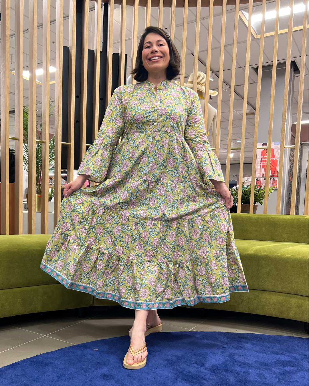Jemima Floral Block Print Cotton Maxi Dress with Bell Sleeves designerfriday Jemima Floral Block Print Cotton Maxi Dress with Bell Sleeves designerfriday