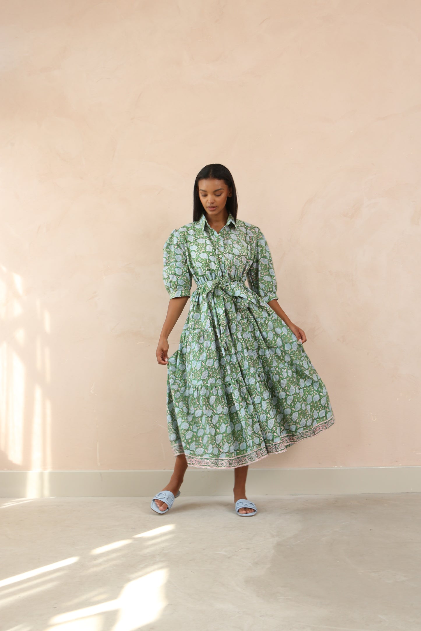 Printed Cotton Half Sleeve Collar Maxi Dress