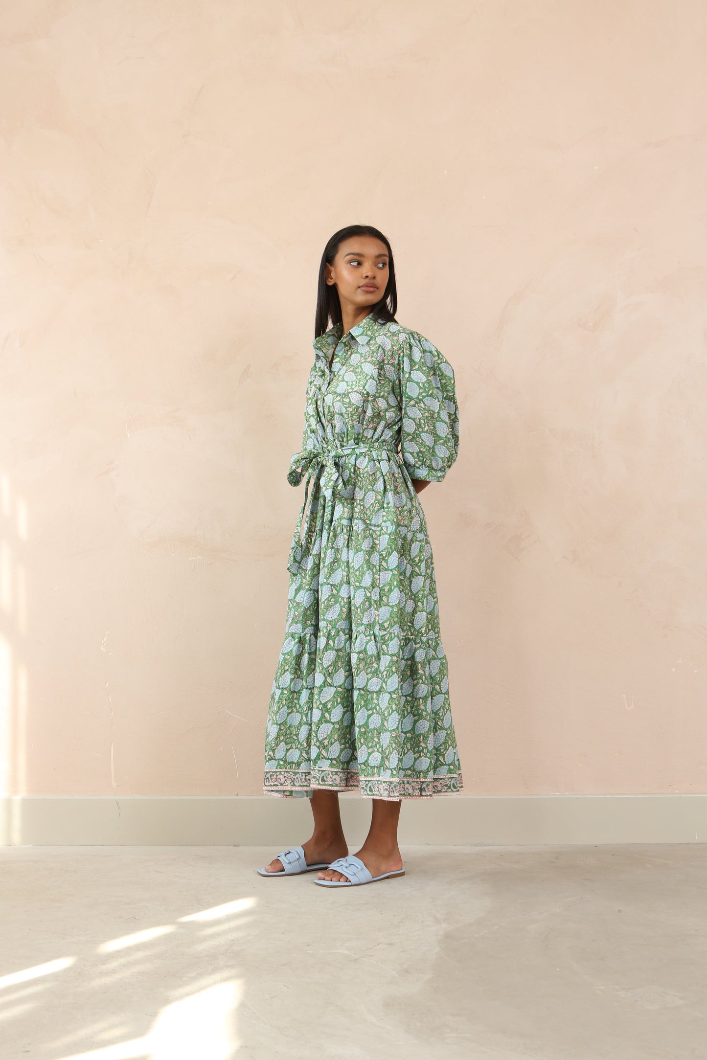 Printed Cotton Sleeve Shirt Collar Maxi Dress