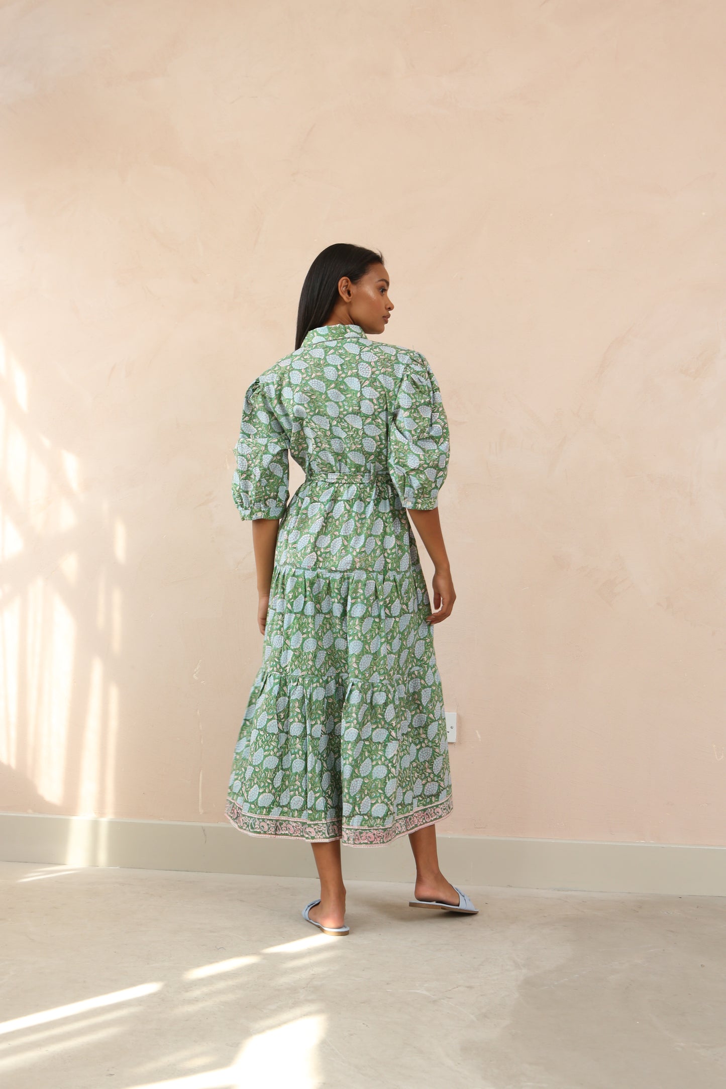 Printed Cotton Sleeve Shirt Collar Maxi Dress