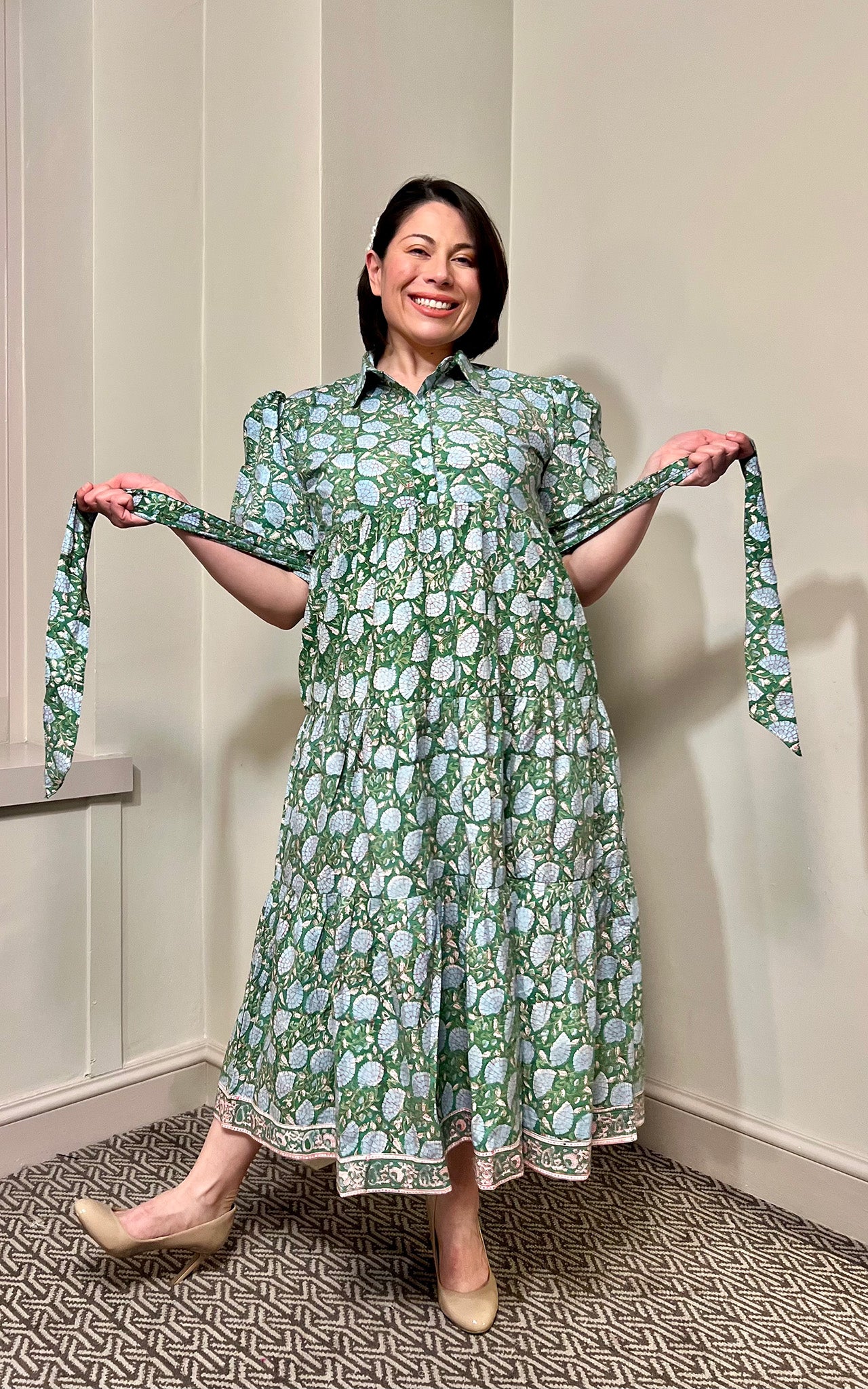 Rachel Block Print Shirt Collar Cotton Midi Dress