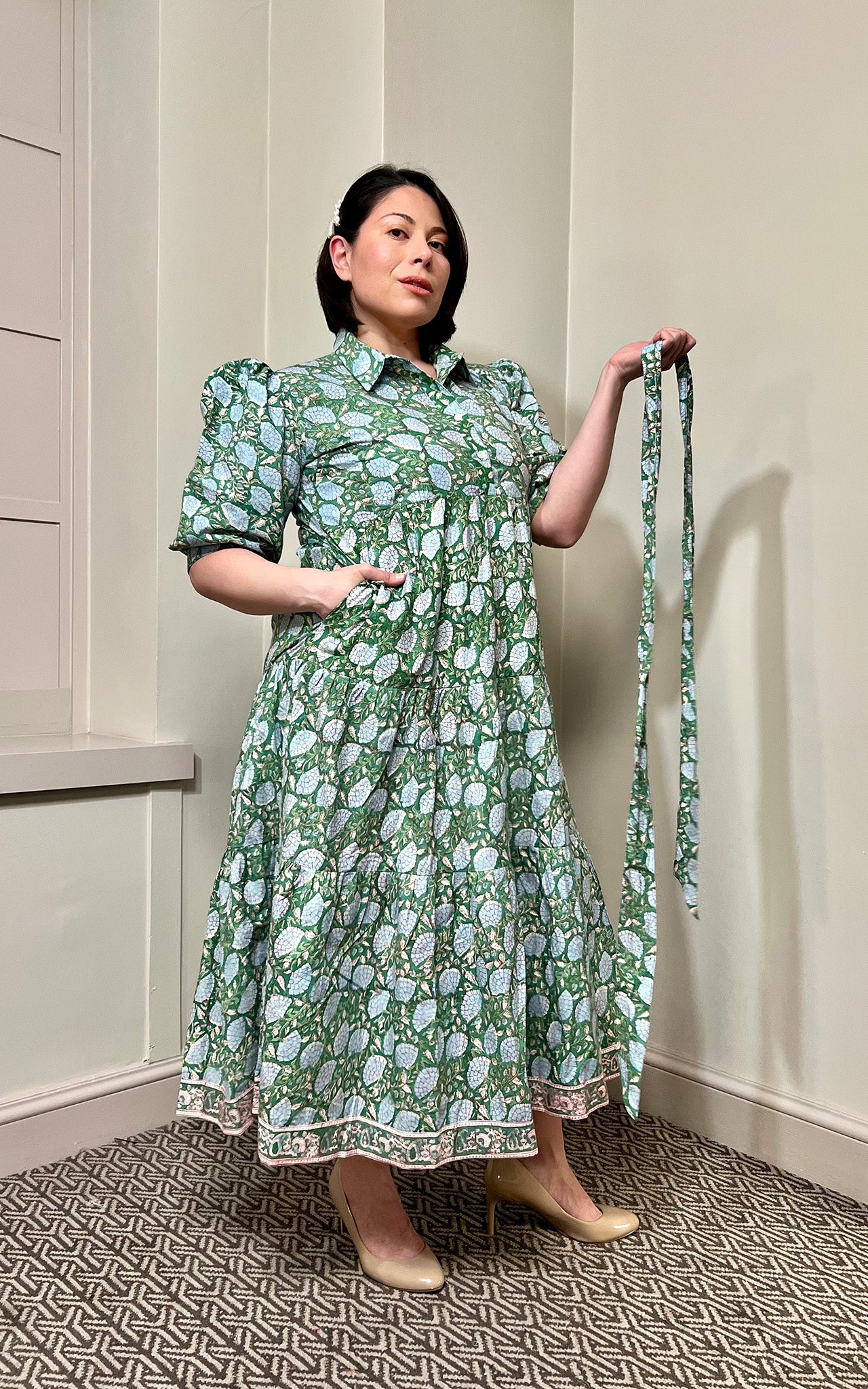 Rachel Block Print Shirt Collar Cotton Midi Dress
