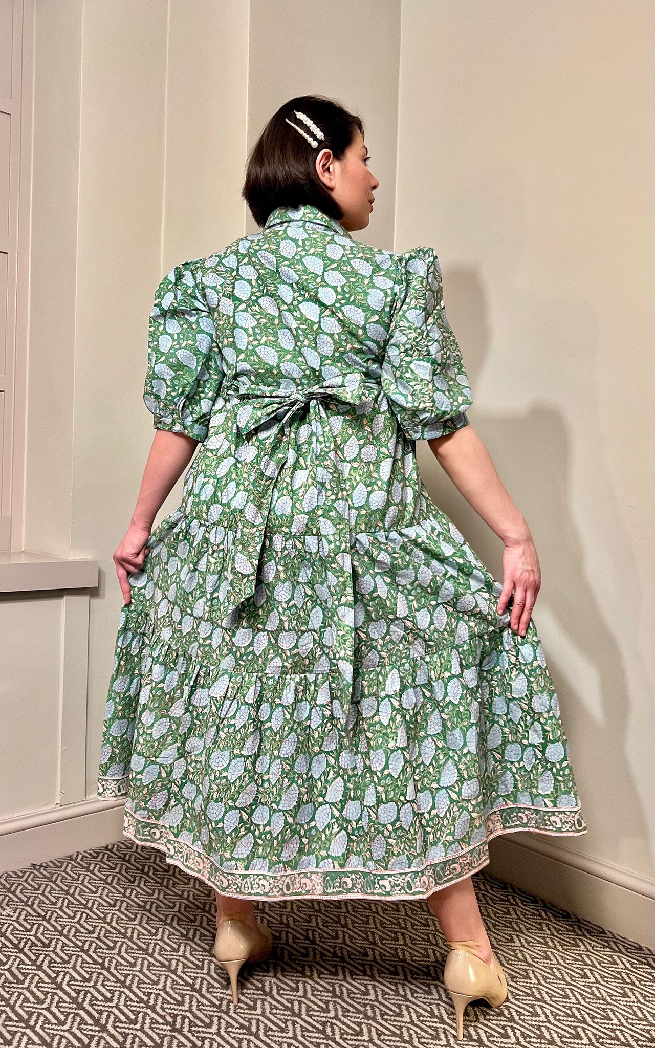 Rachel Block Print Shirt Collar Cotton Midi Dress