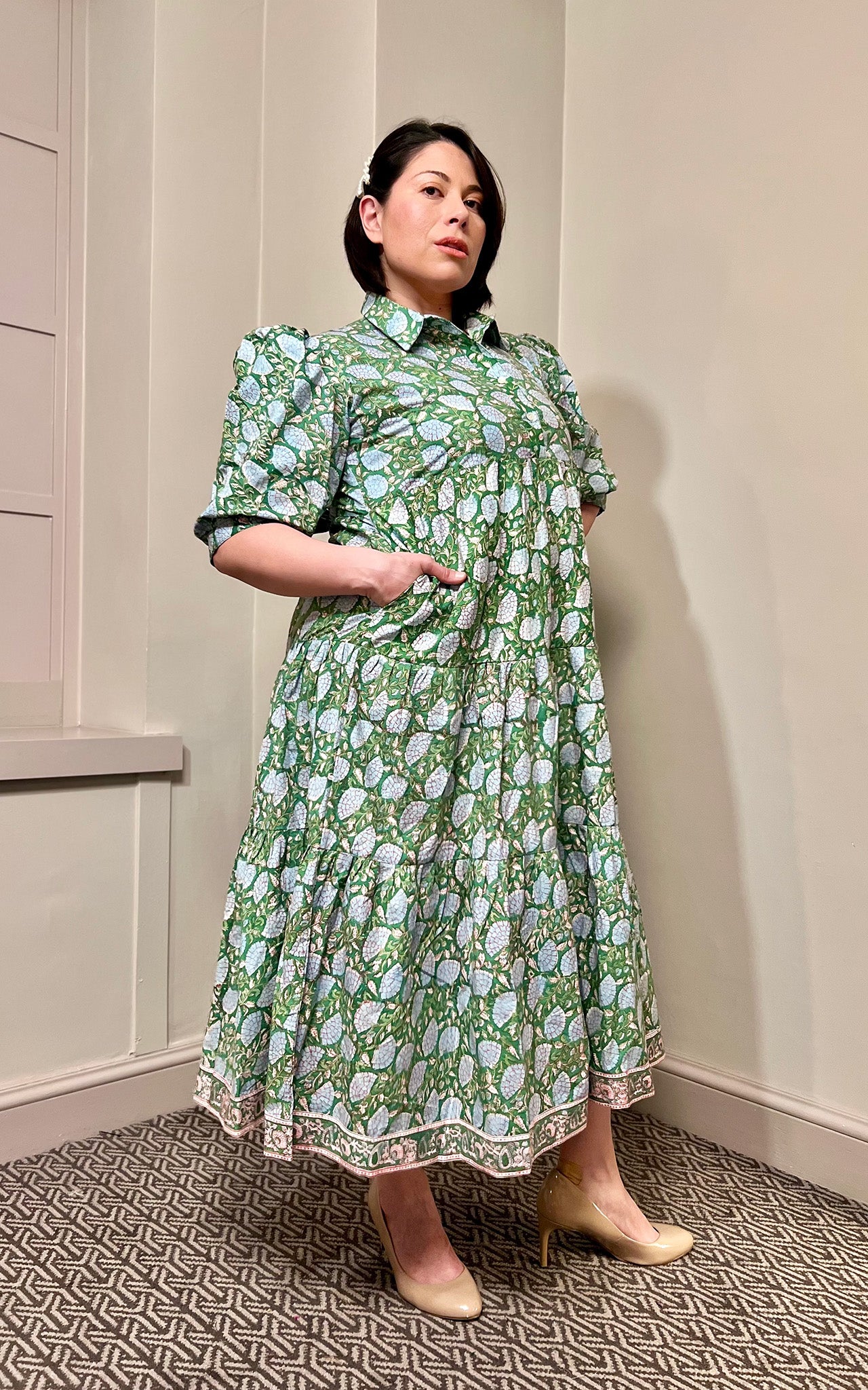 Rachel Block Print Shirt Collar Cotton Midi Dress
