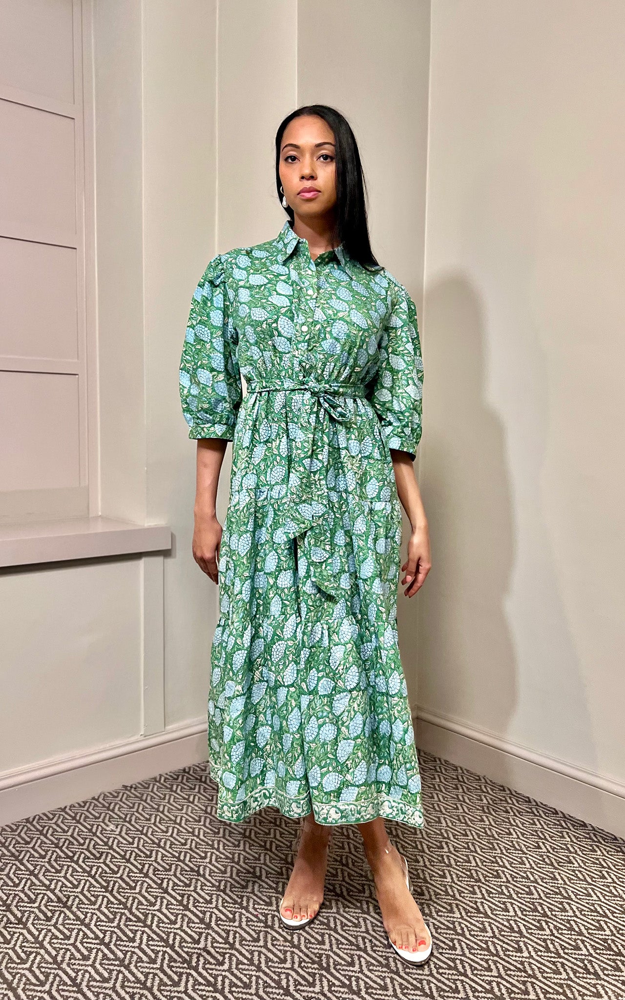 Rachel Block Print Shirt Collar Cotton Midi Dress