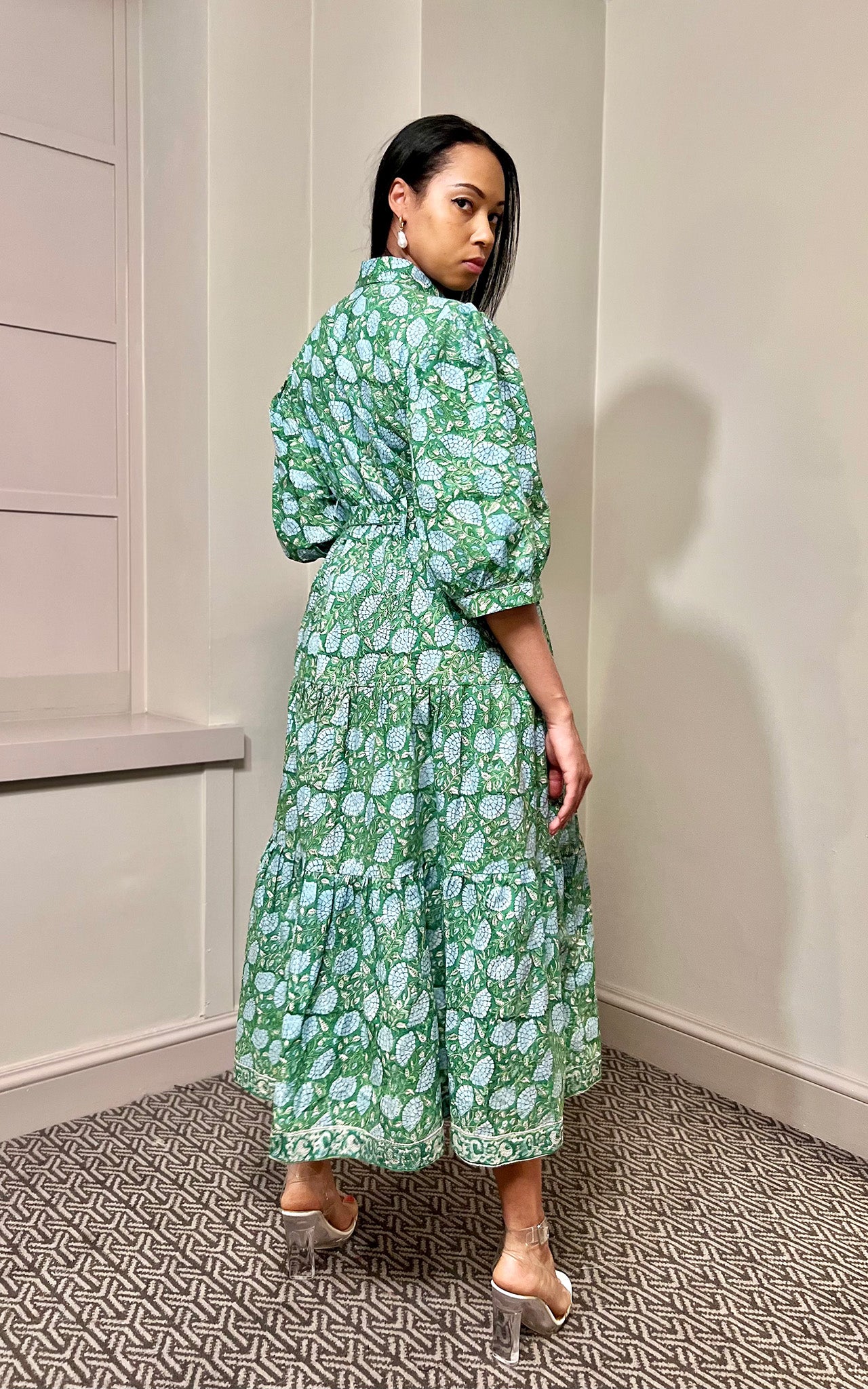 Rachel Block Print Shirt Collar Cotton Midi Dress