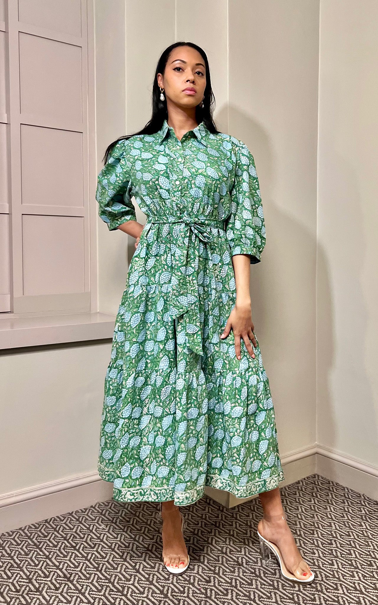 Rachel Block Print Shirt Collar Cotton Midi Dress