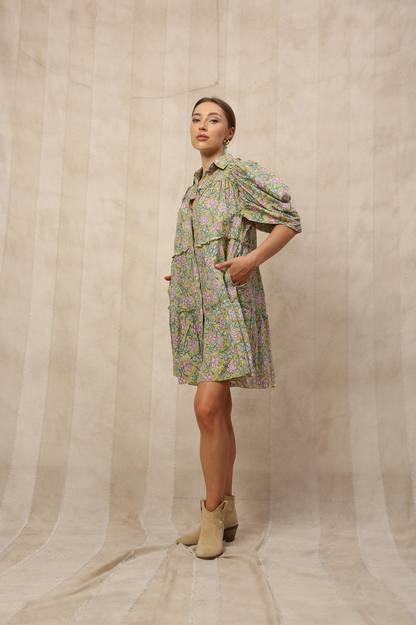Jemima Ruffled Half Sleeve Shirt Collar Midi Dress