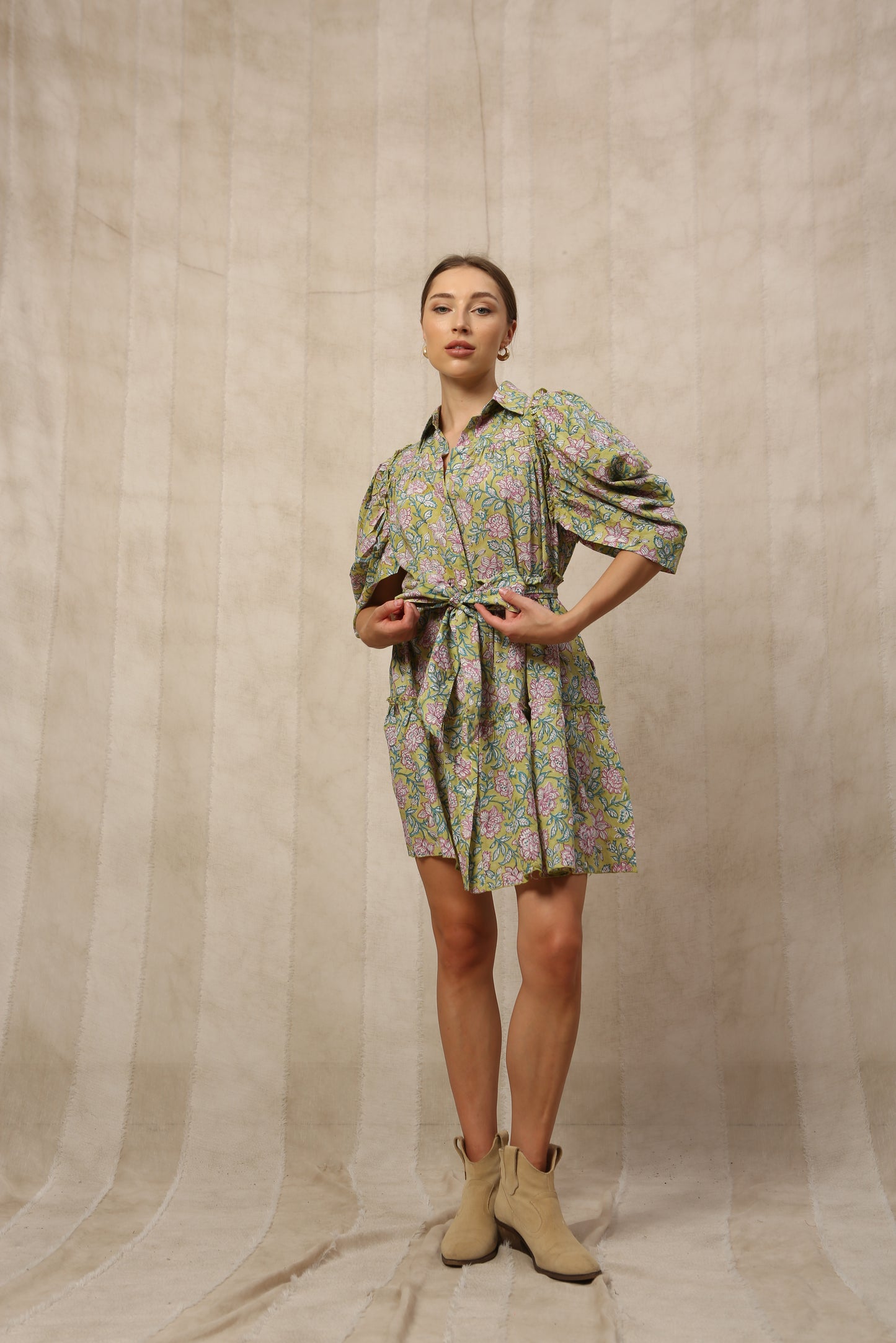 Jemima Ruffled Half Sleeve Shirt Collar Midi Dress