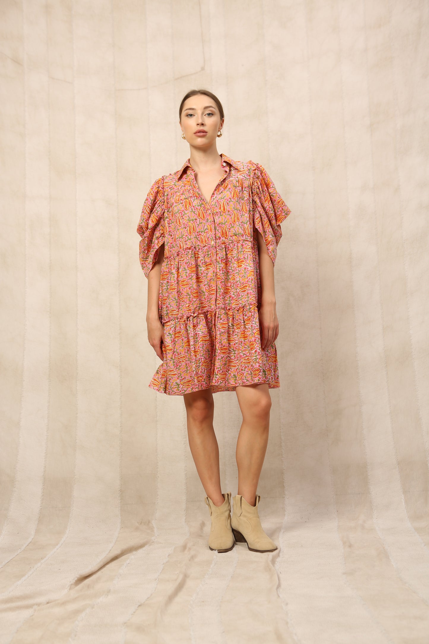 Kaia Ruffled Half Sleeve Shirt Collar Midi Dress