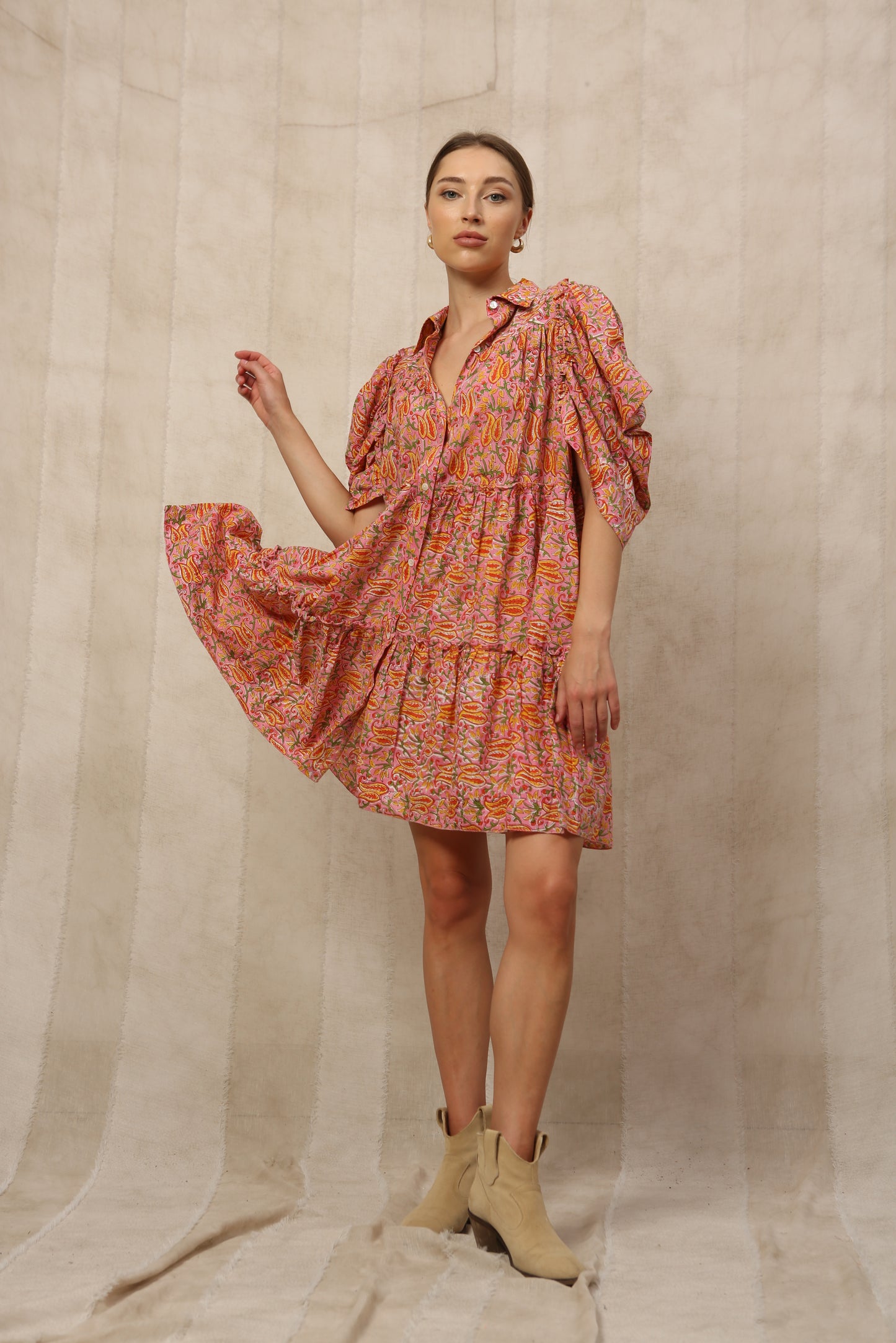Kaia Ruffled Half Sleeve Shirt Collar Midi Dress