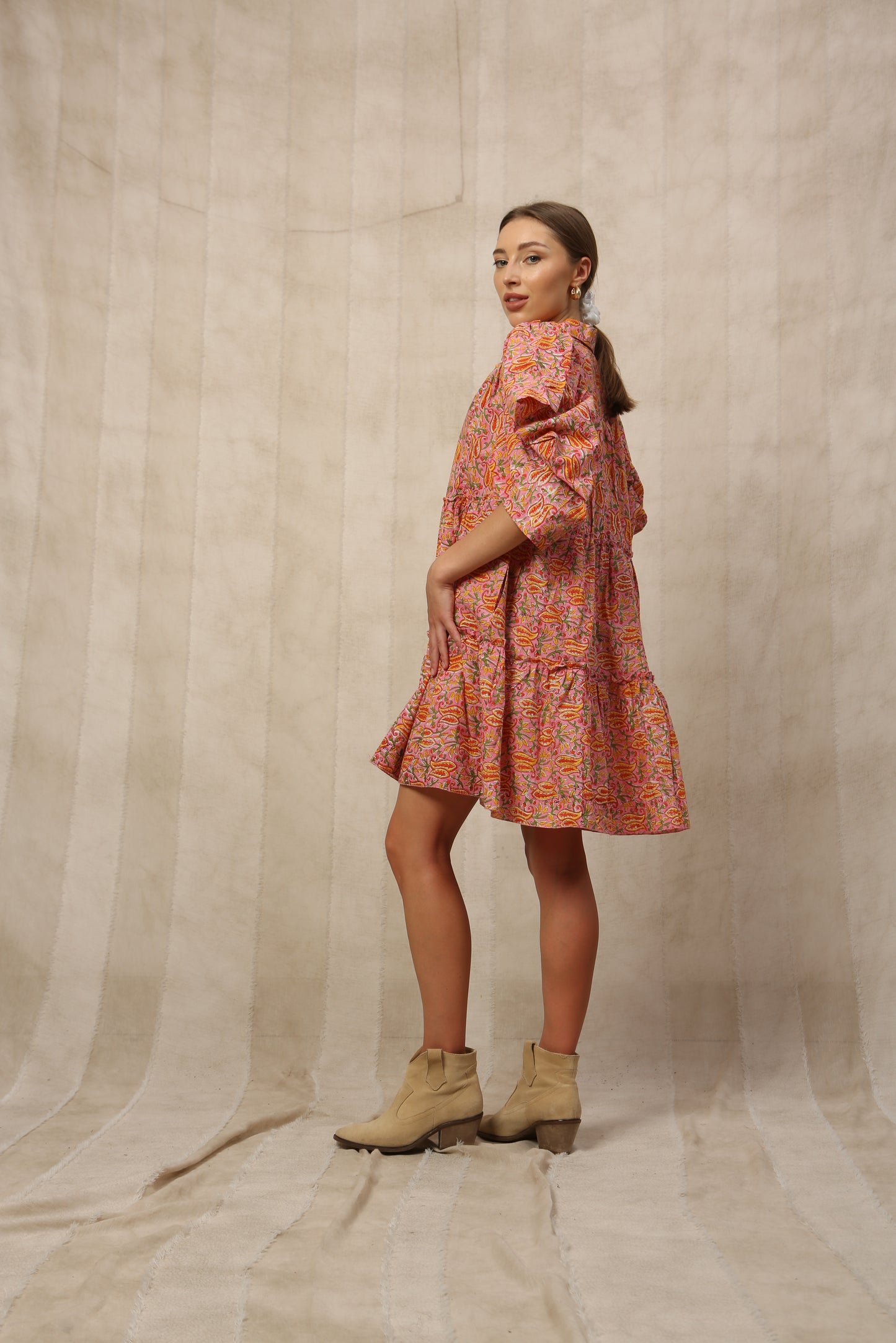 Kaia Ruffled Half Sleeve Shirt Collar Midi Dress