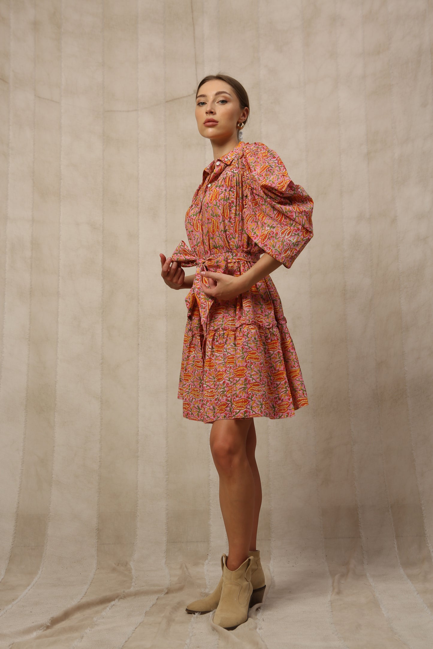 Kaia Ruffled Half Sleeve Shirt Collar Midi Dress