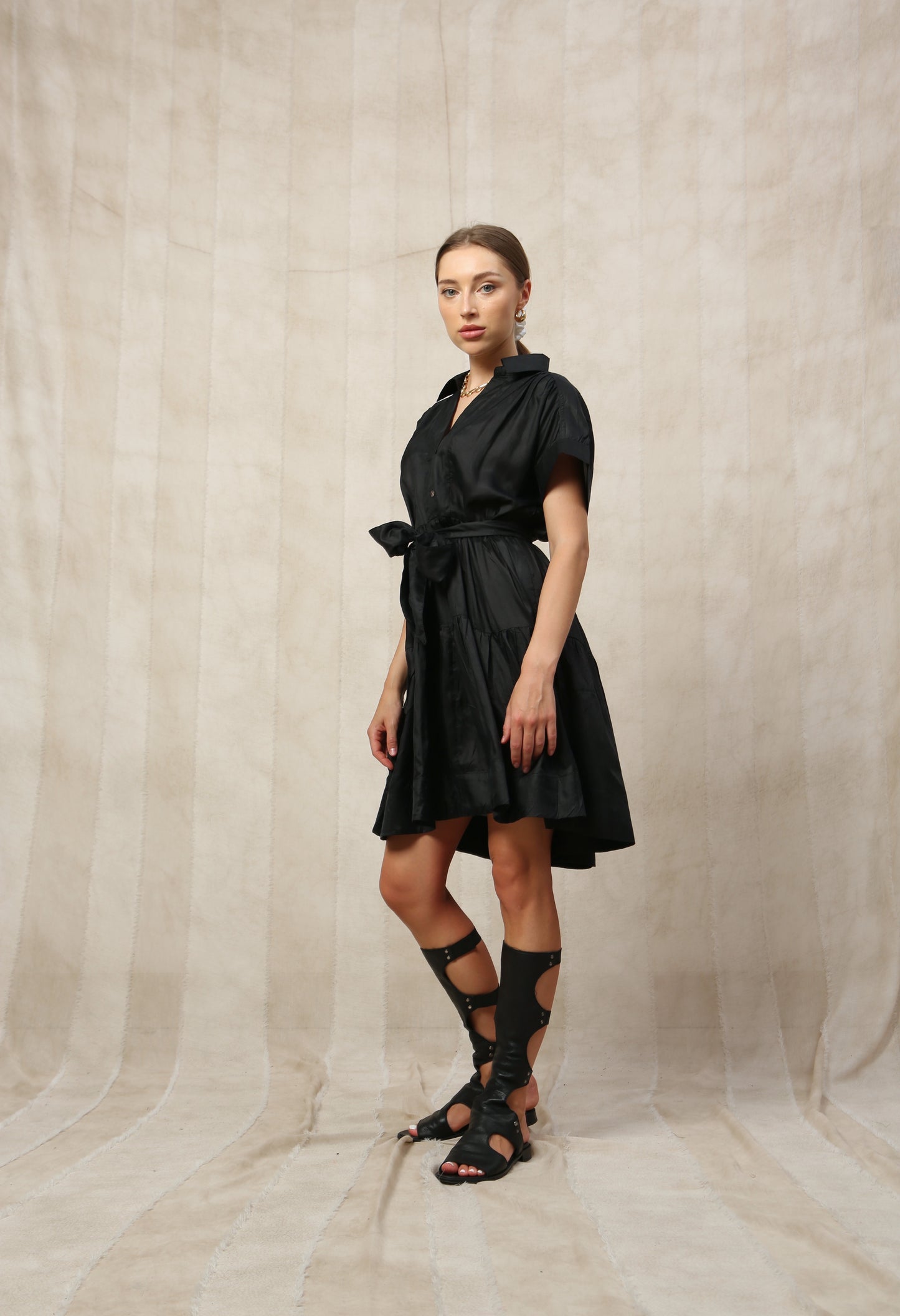 Onyx Silk Short Sleeve Midi Dress