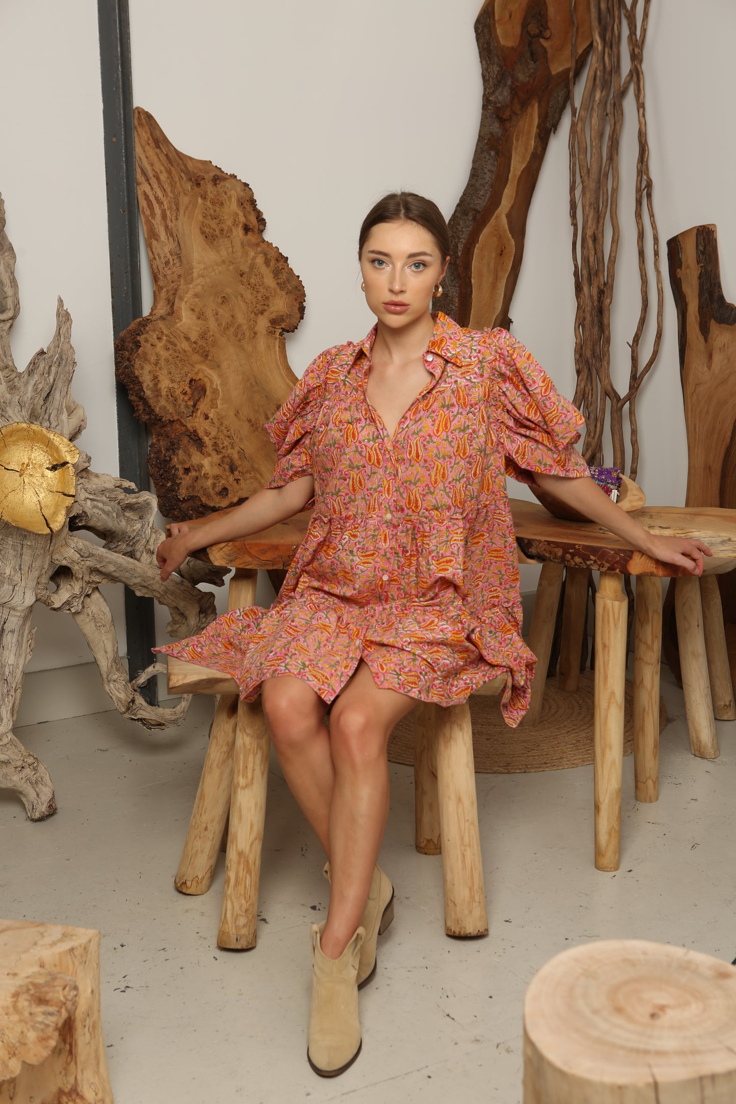 Kaia Ruffled Half Sleeve Shirt Collar Midi Dress