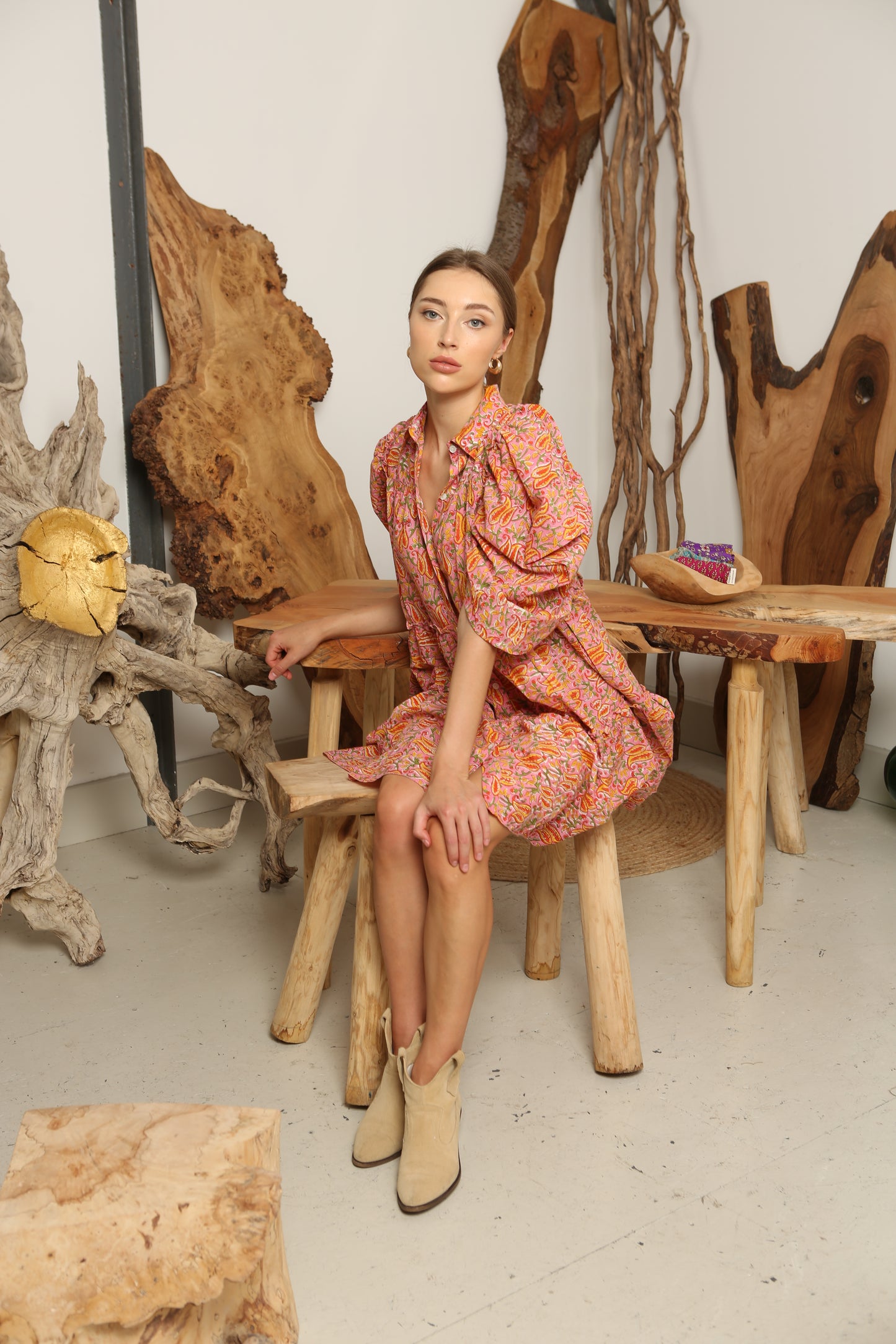 Kaia Ruffled Half Sleeve Shirt Collar Midi Dress