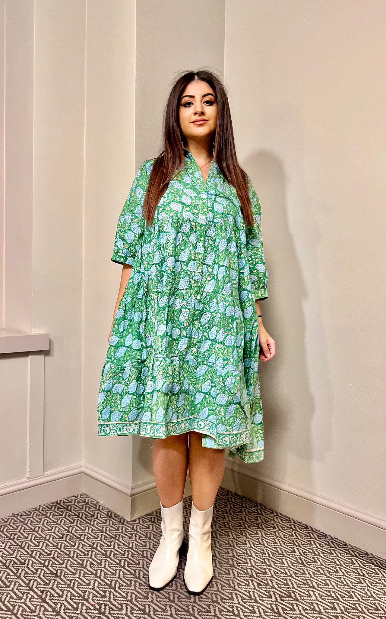 Block Print Cotton Midi Dress With Sleeves