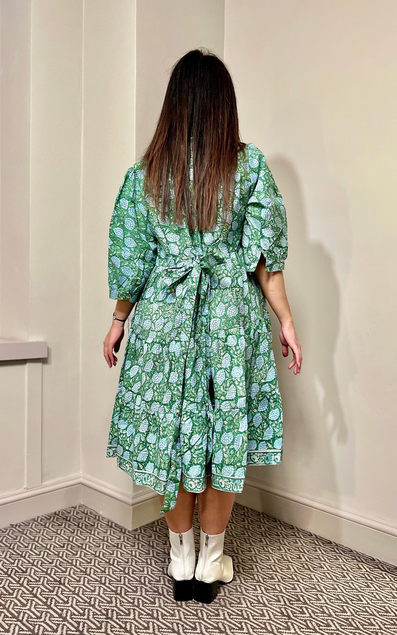 Block Print Cotton Midi Dress With Sleeves