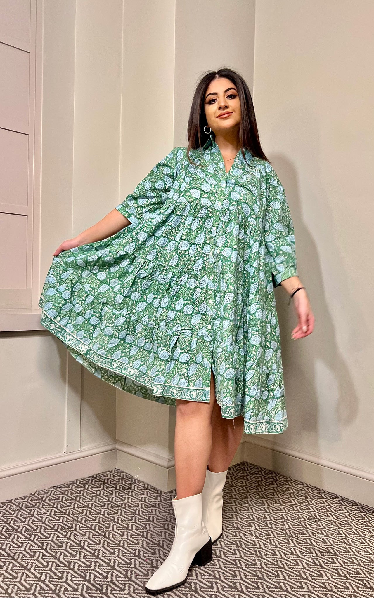 Block Print Cotton Midi Dress With Sleeves