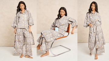Woman relaxing in a breathable block-print cotton matching set