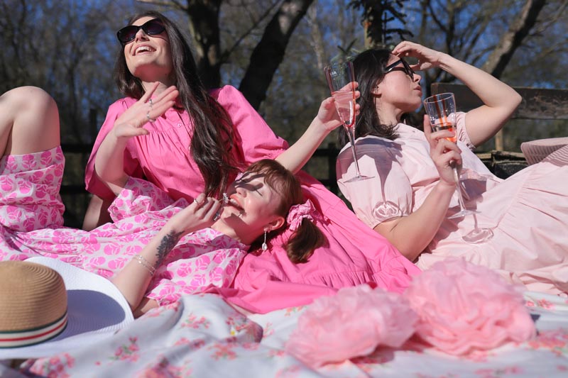 picnic, summer, friends, mid size A line cotton pink green blue dresses
