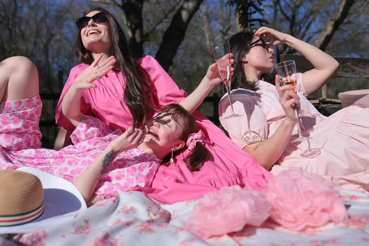 picnic, summer, friends, mid size A line cotton pink green blue dresses