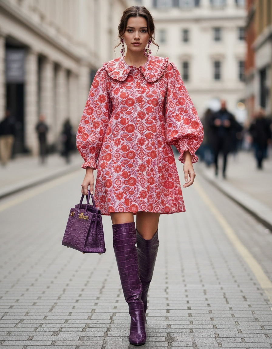 Ruffle Collared Print Dress