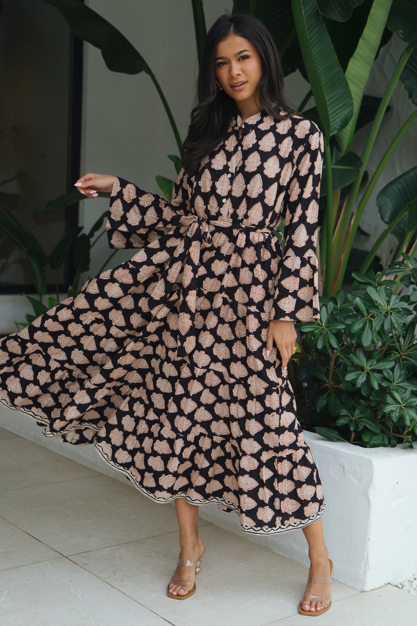 Molly Midnight Black Bell Sleeve Block Print Maxi Dress