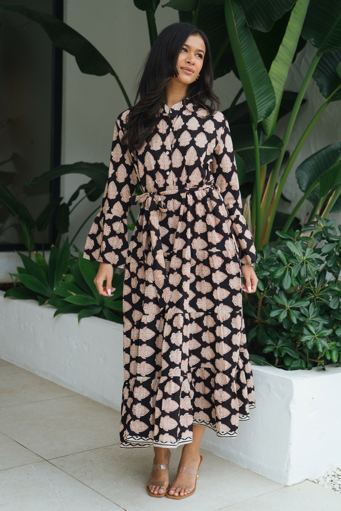Molly Midnight Black Bell Sleeve Block Print Maxi Dress