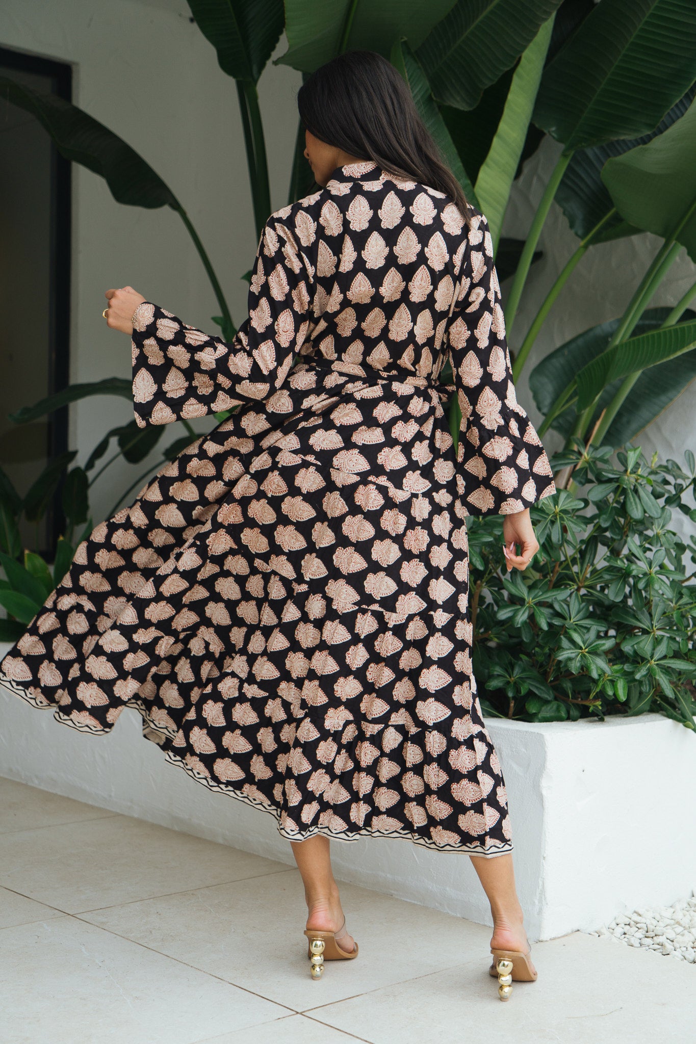 Molly Midnight Black Bell Sleeve Block Print Maxi Dress