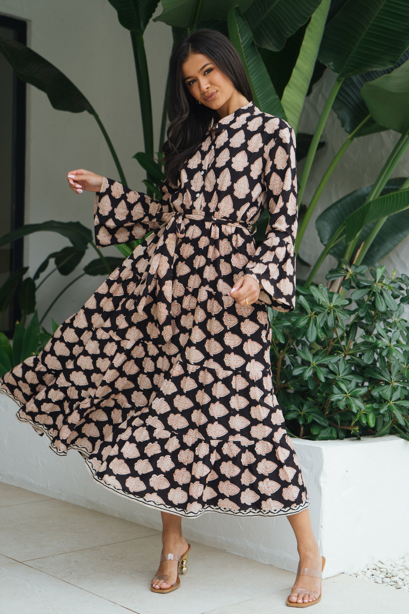 Molly Midnight Black Bell Sleeve Block Print Maxi Dress