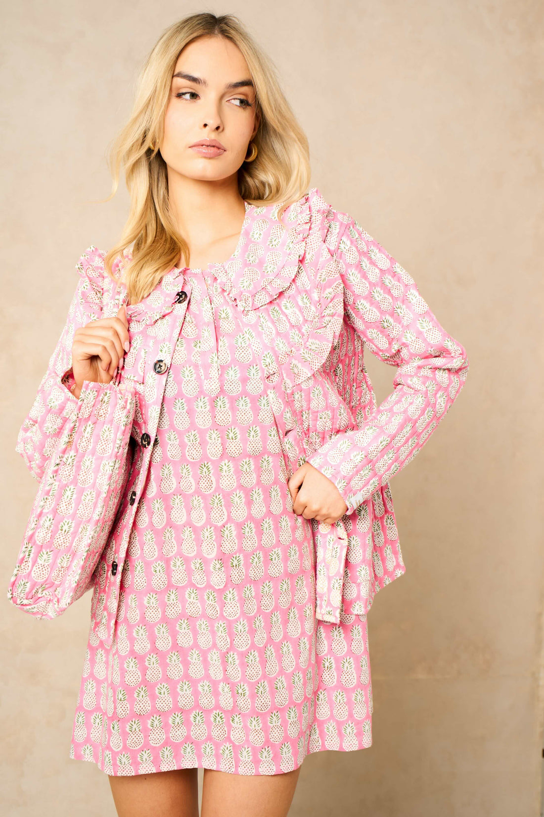Pineapple Pink Ruffle Collared Cotton Dress Mini