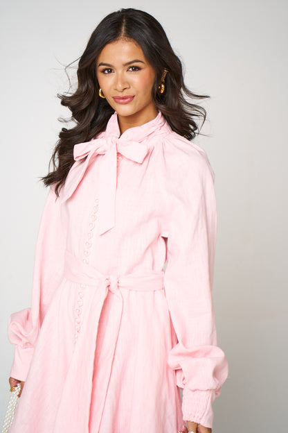 Blush Pearl Linen Dress With Sleeves