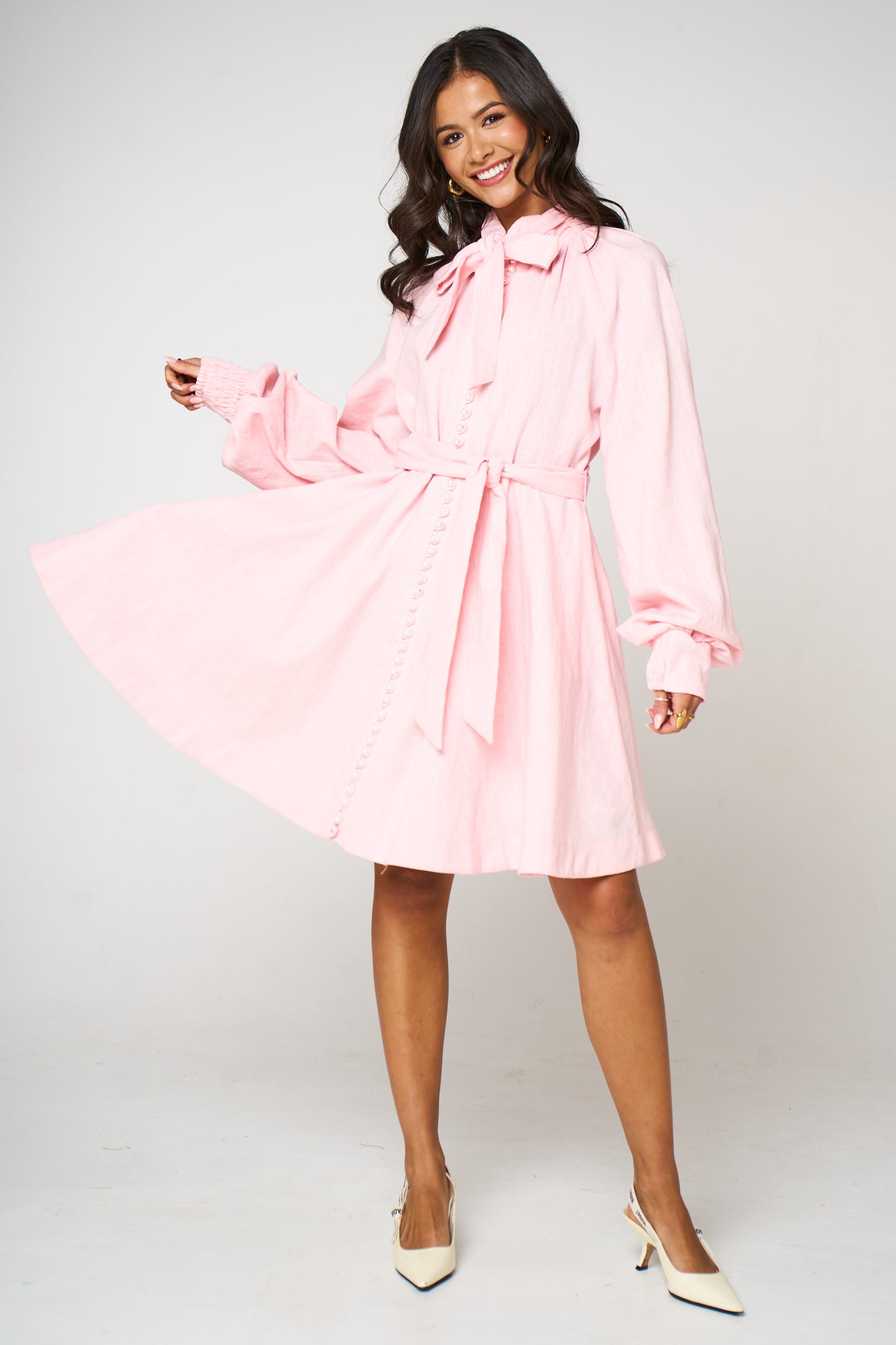 Blush Pearl Linen Dress With Sleeves