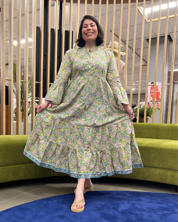 Jemima Floral Block Print Cotton Maxi Dress with Bell Sleeves