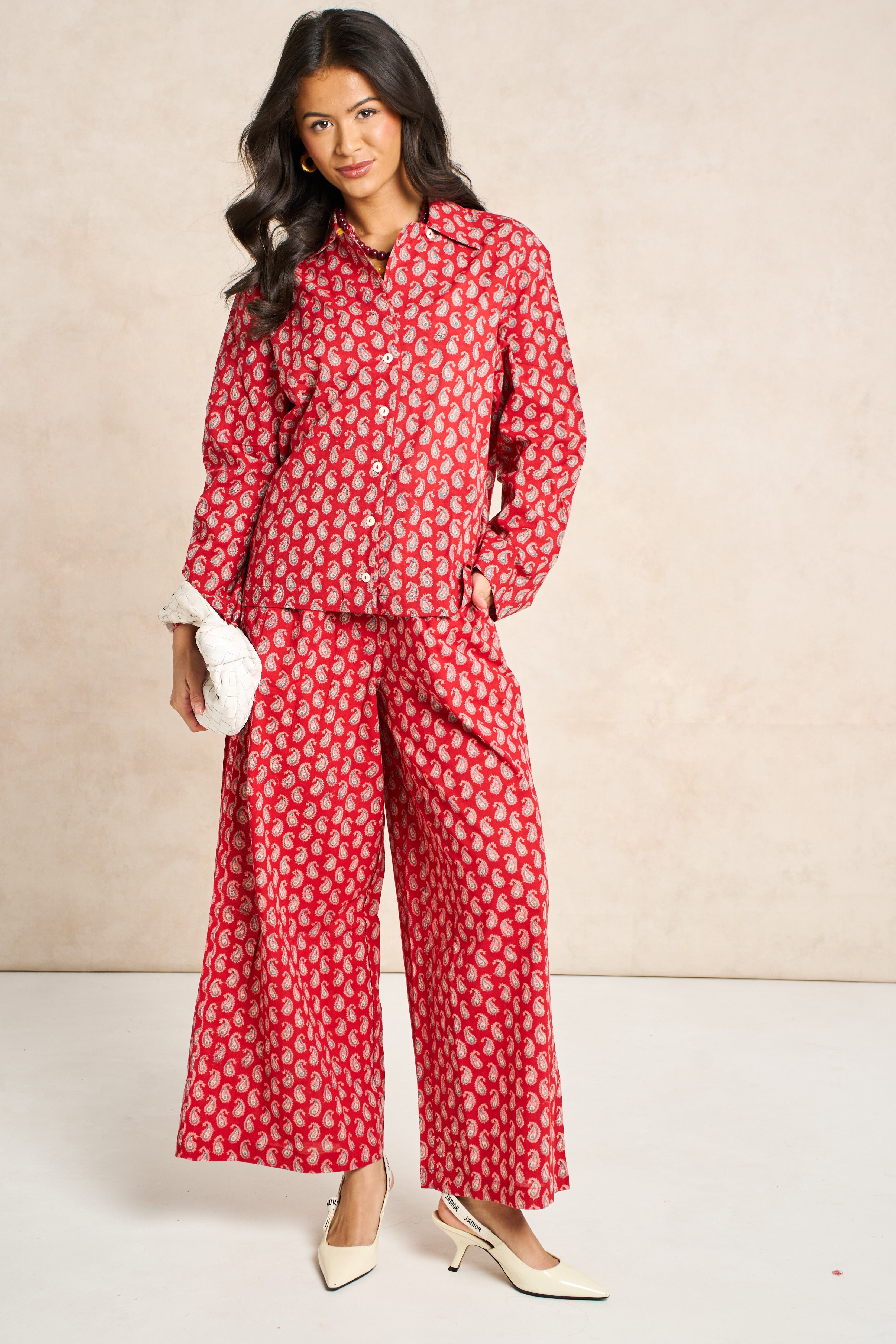 Ruby Red & Champagne Block Print Matching Set