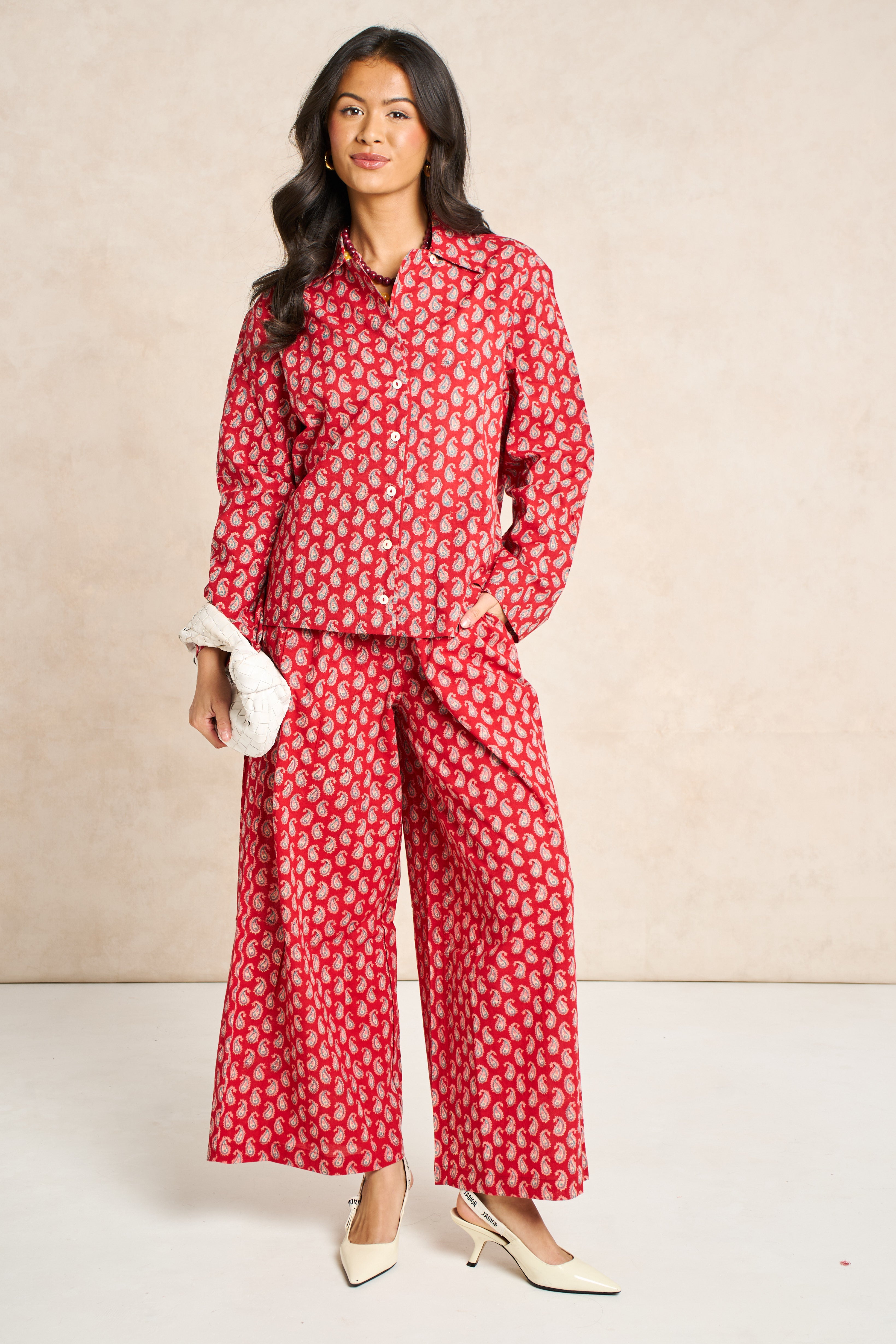 Ruby Red & Champagne Block Print Matching Set