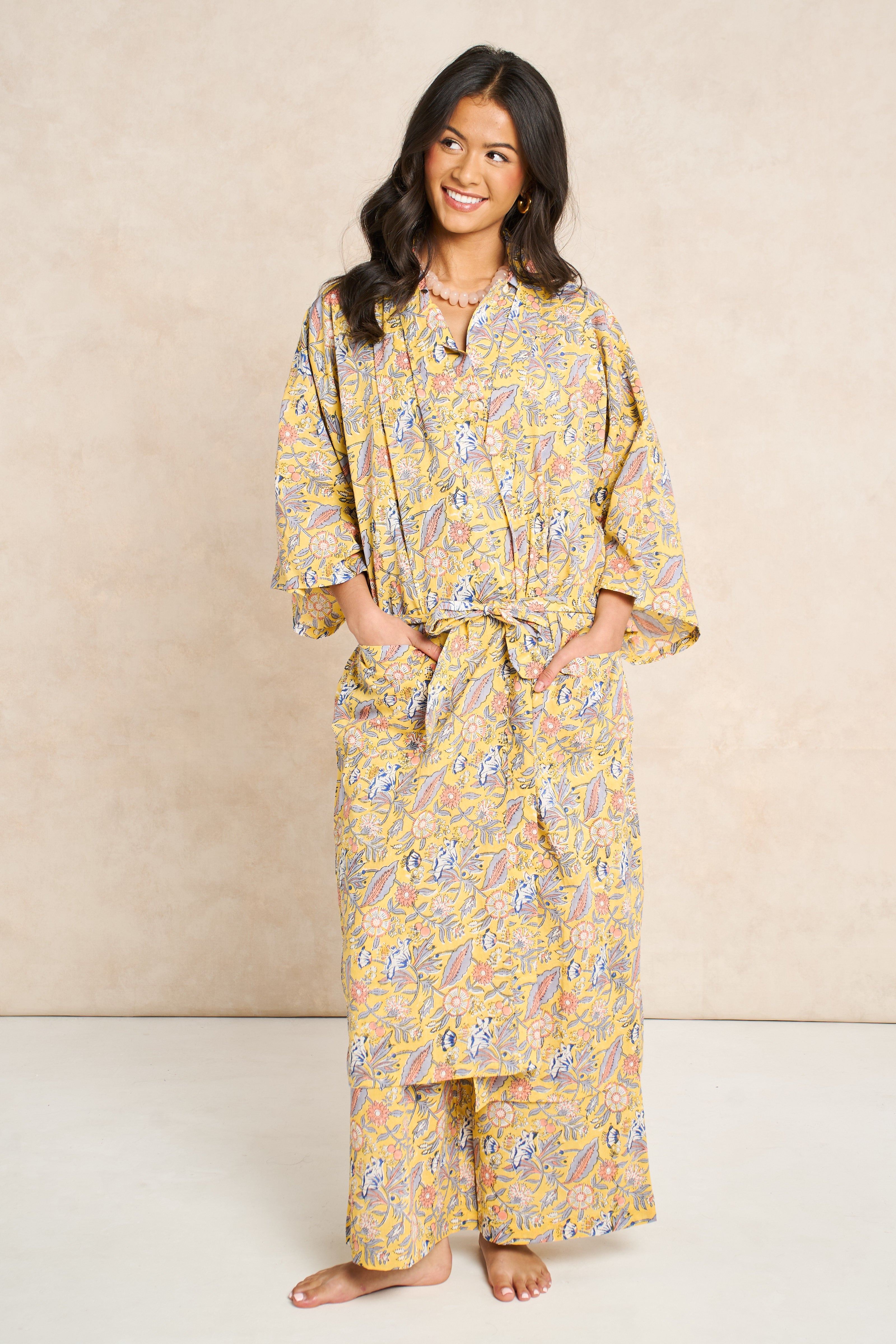 Saffron Block Print Cotton Bathrobe
