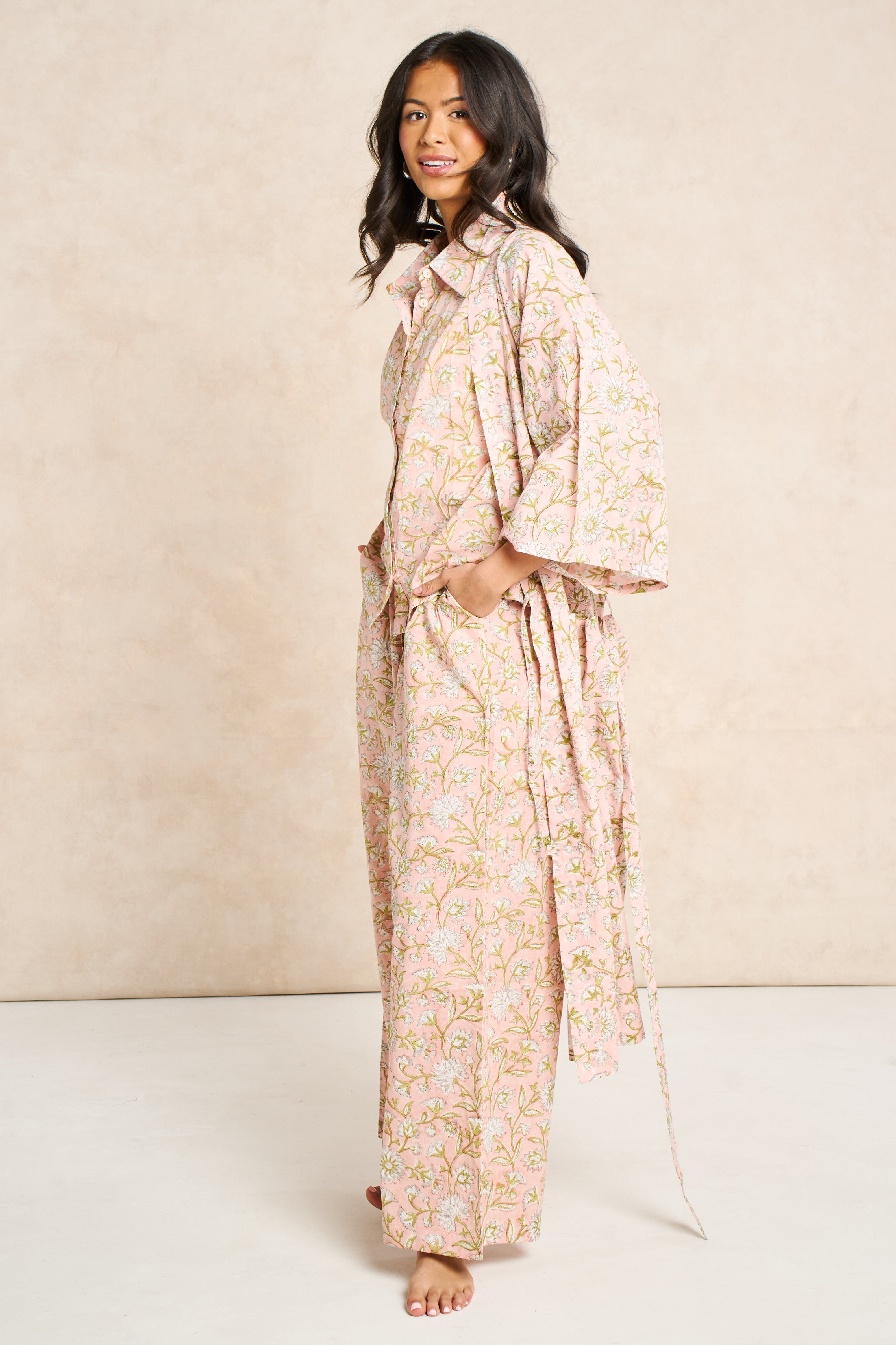 Blush Block Print Cotton Bathrobe