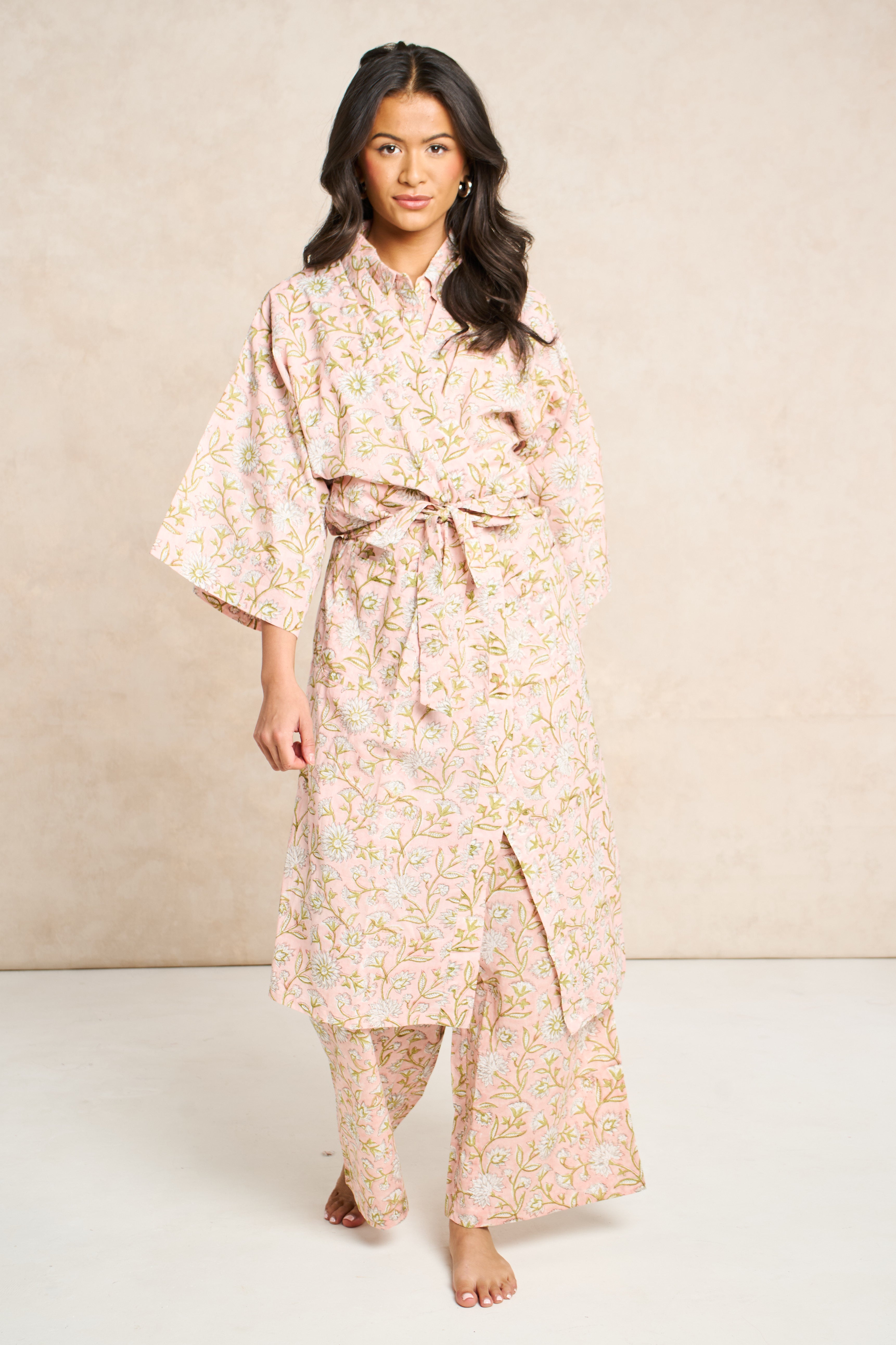 Blush Block Print Cotton Bathrobe