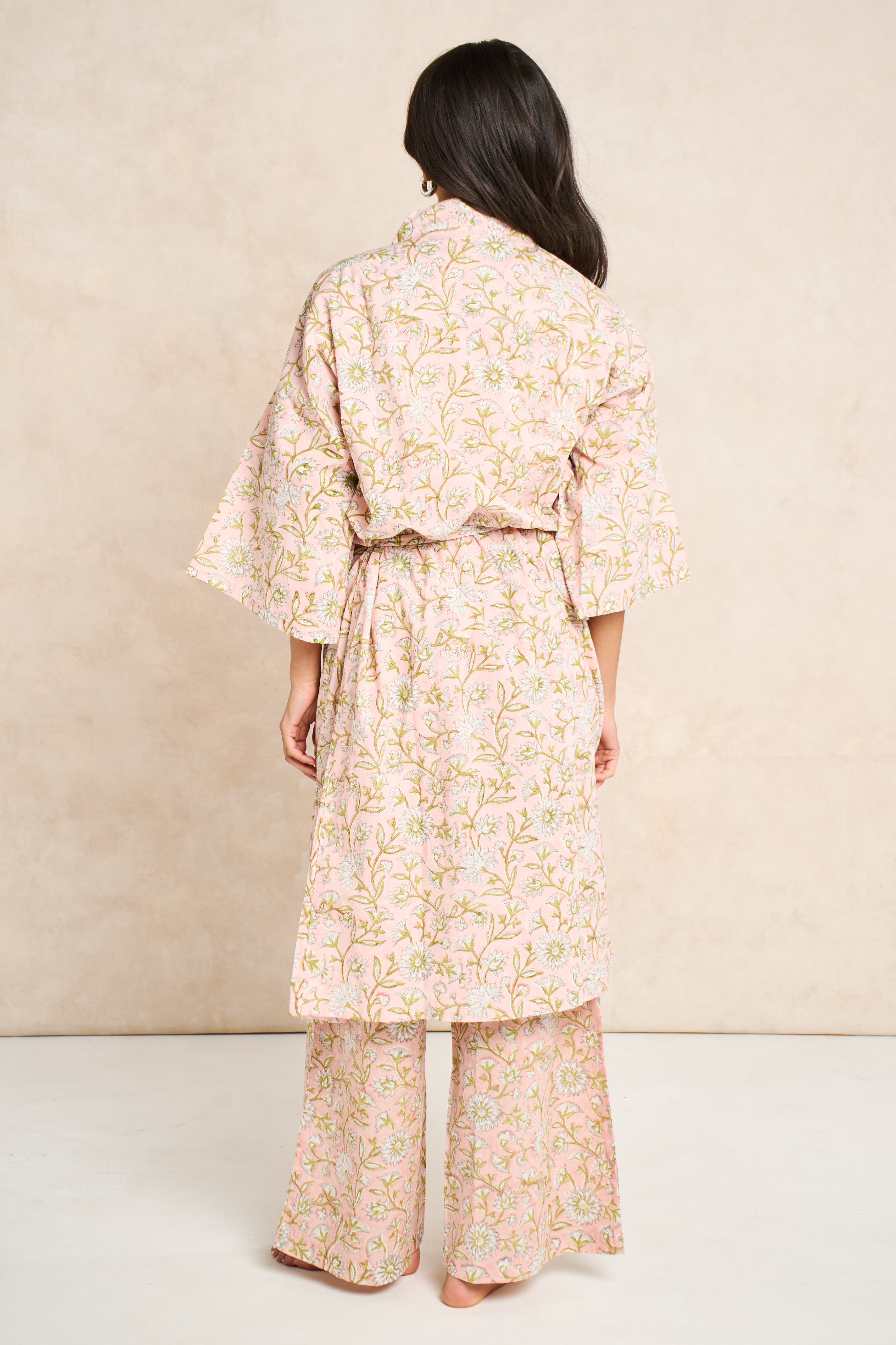Blush Block Print Cotton Bathrobe