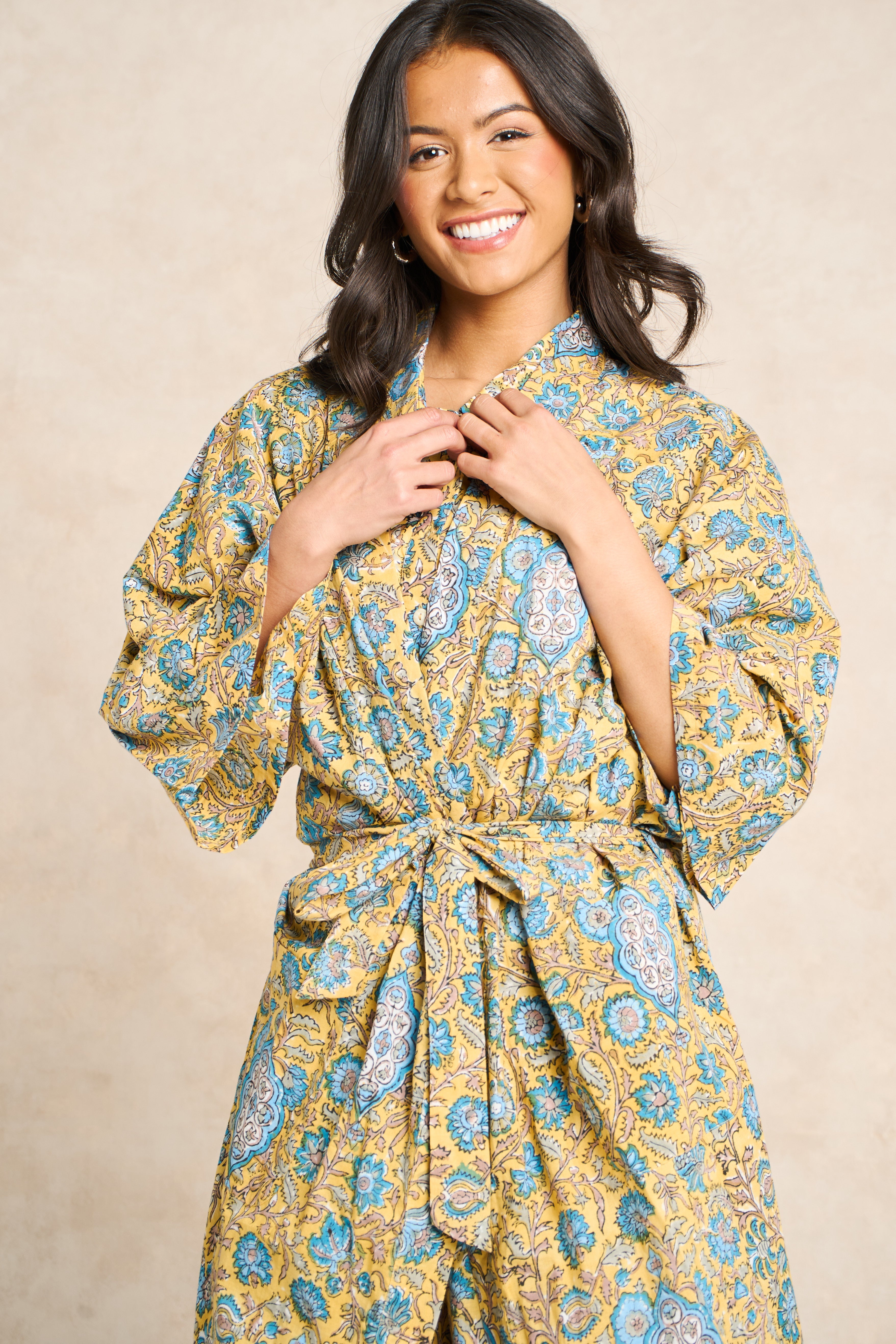 Saffron Block Print Cotton Bathrobe