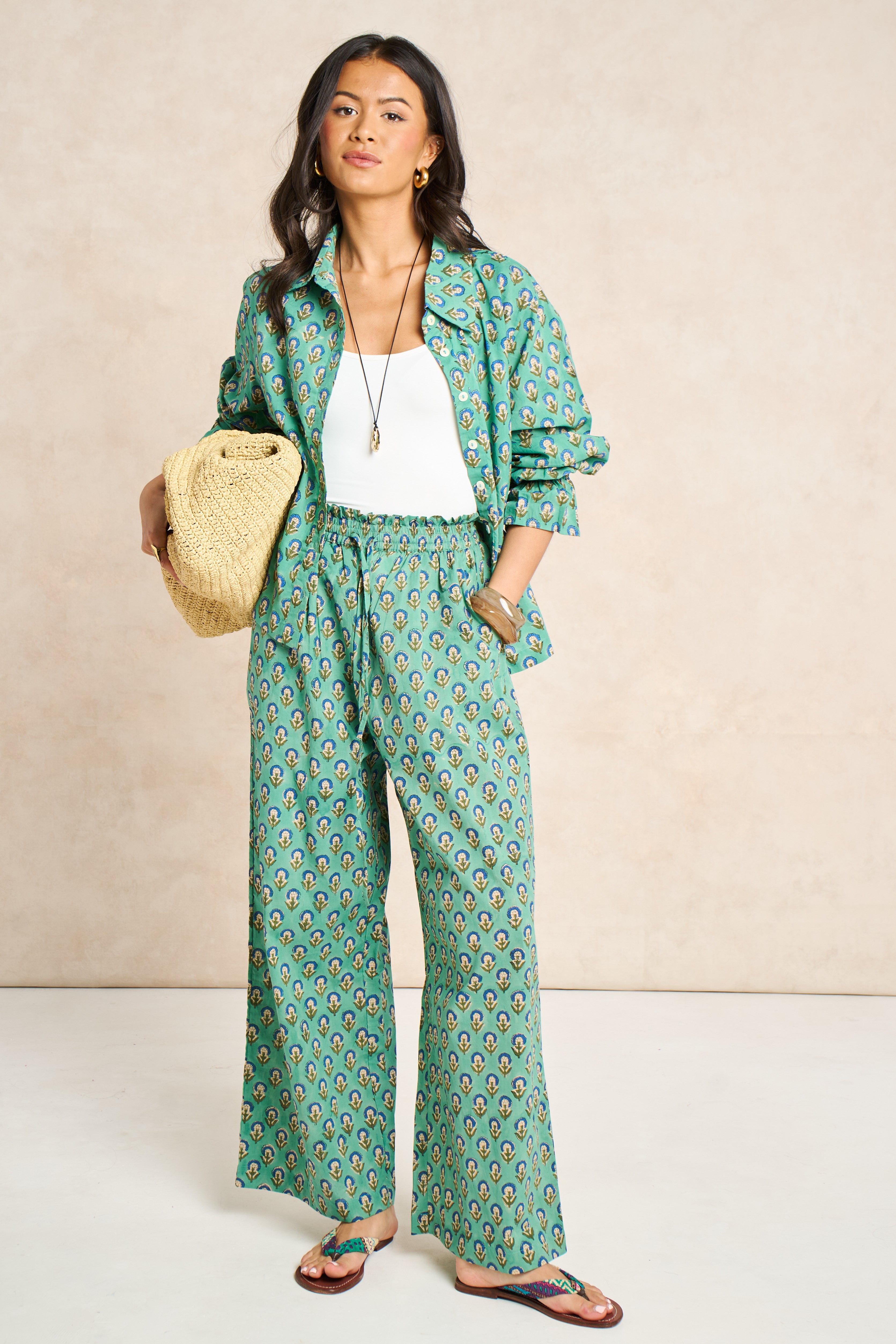 Sage Green & Navy Block Print Matching Set