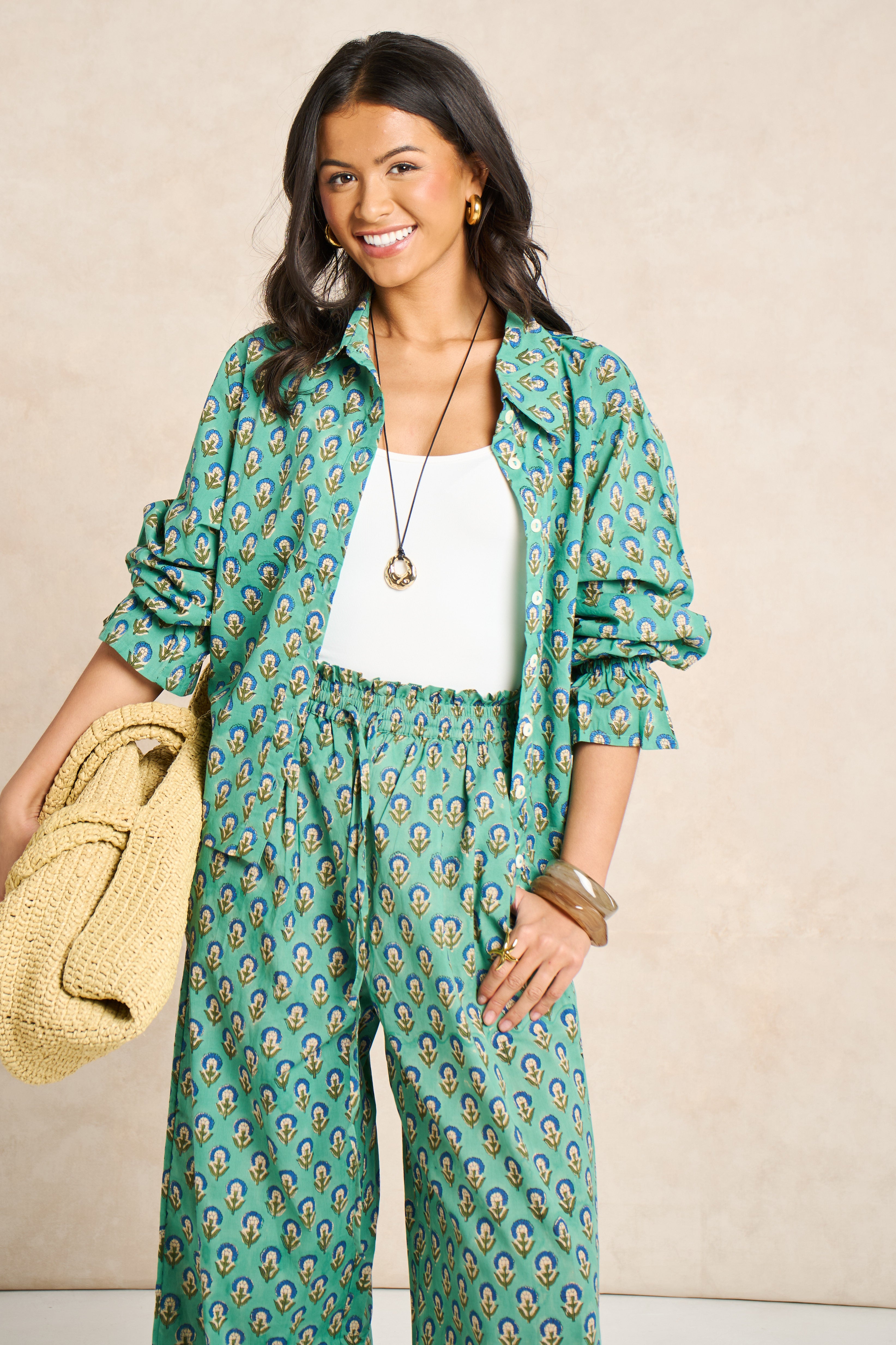 Sage Green & Navy Block Print Matching Set
