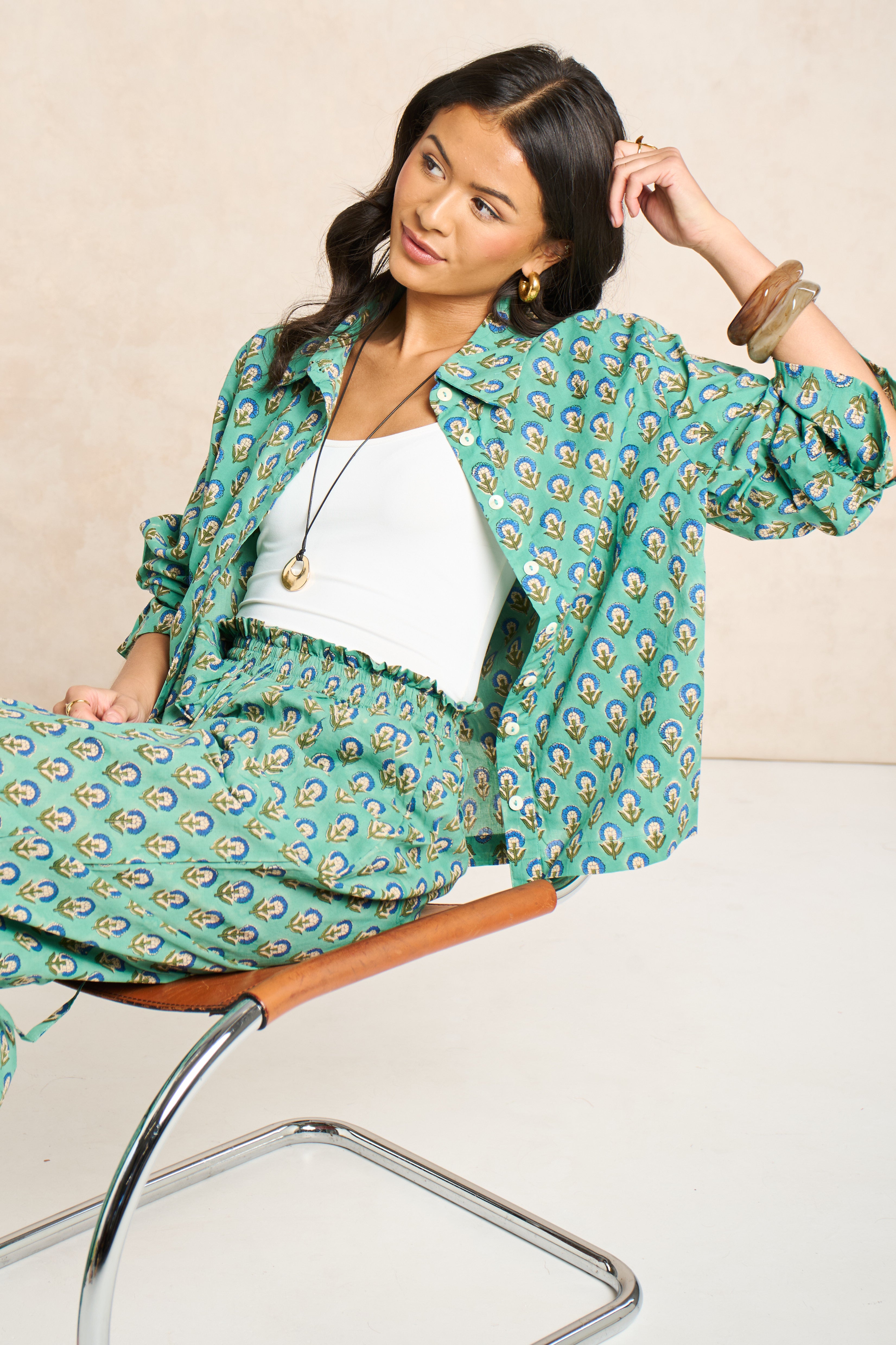 Sage Green & Navy Block Print Matching Set