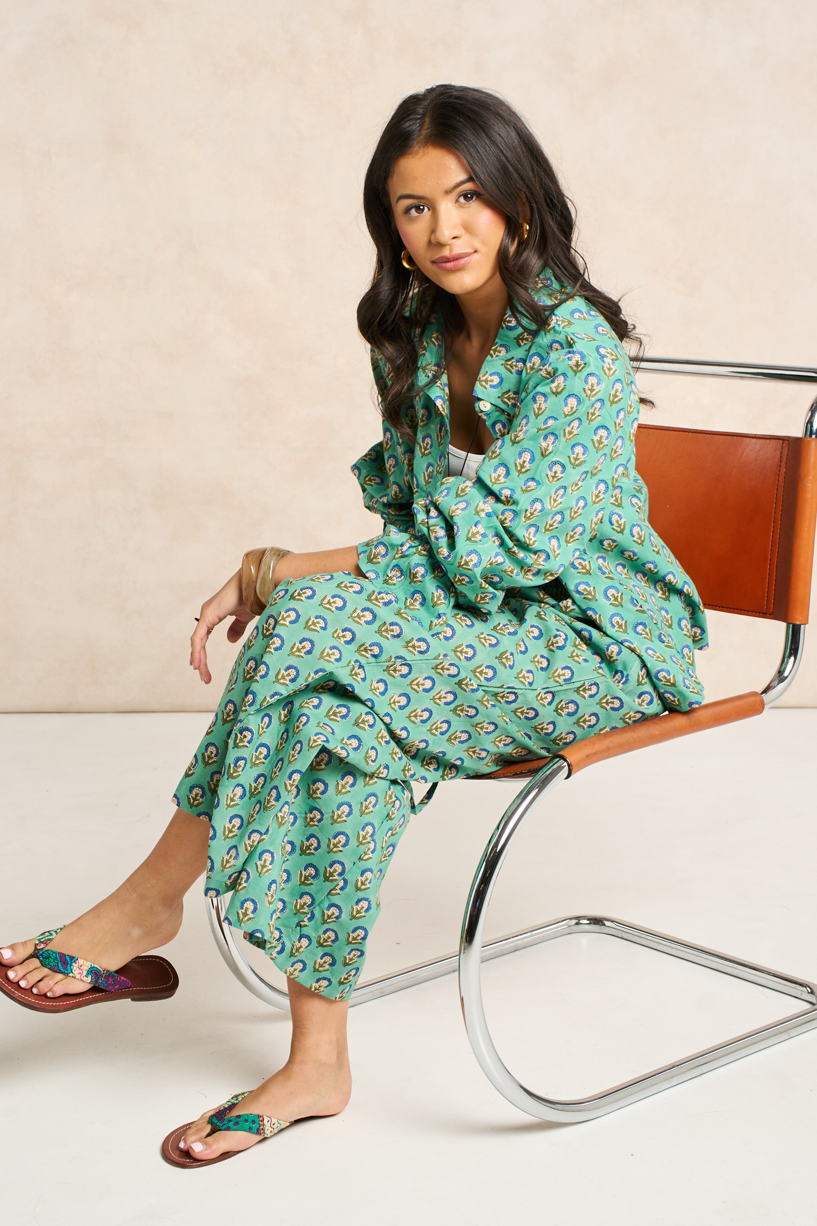Sage Green & Navy Block Print Matching Set