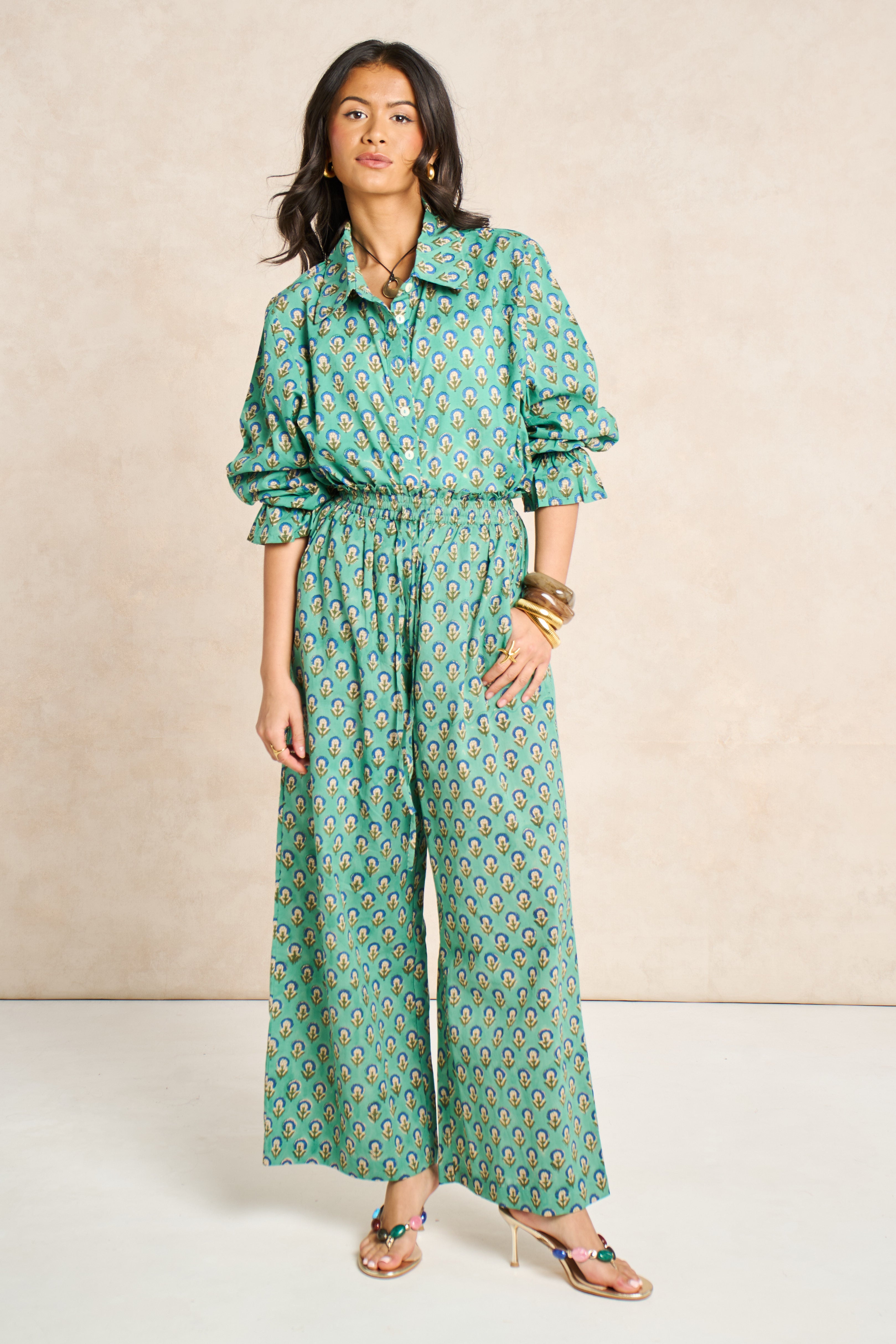 Sage Green & Navy Block Print Matching Set