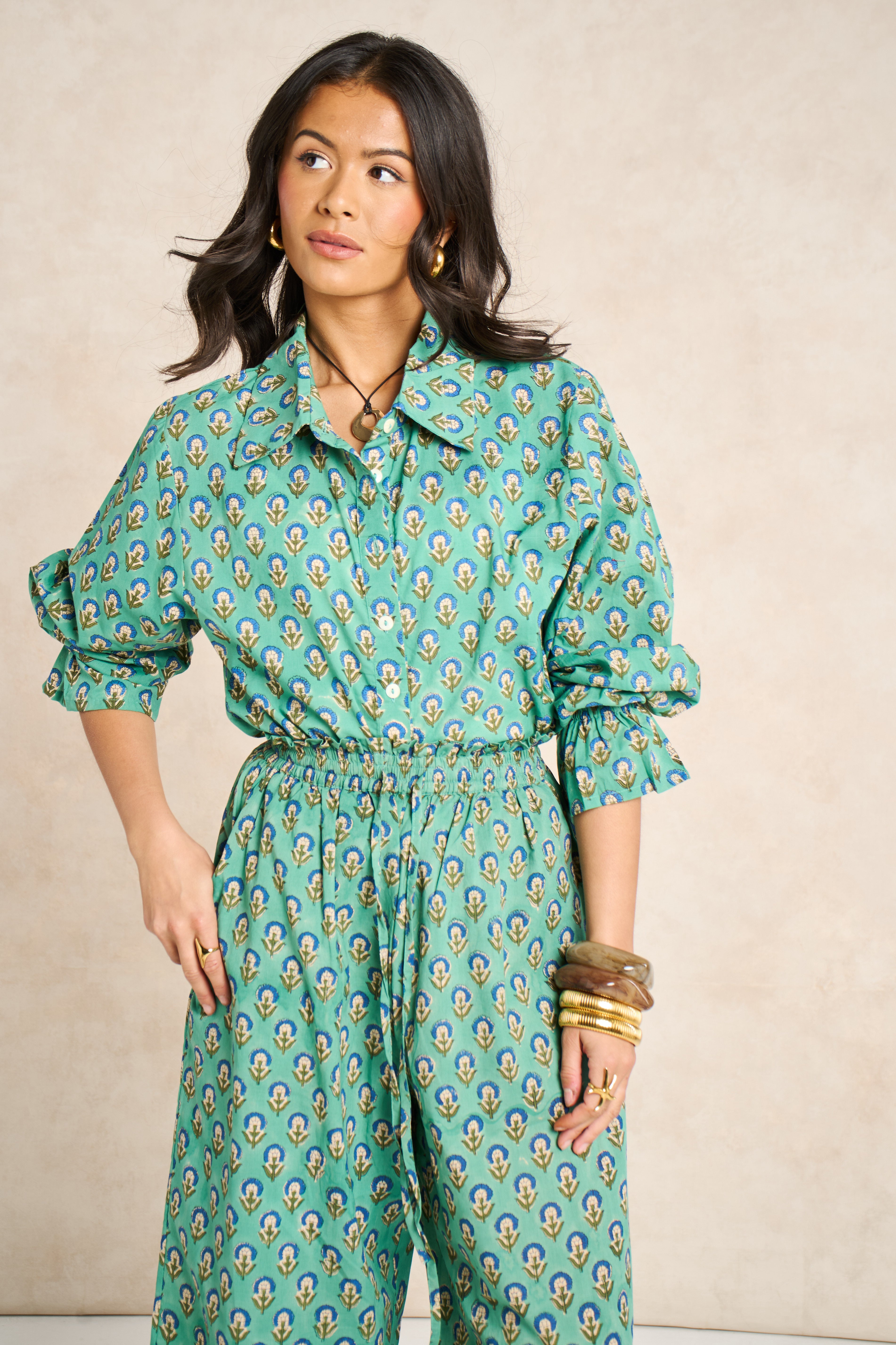 Sage Green & Navy Block Print Matching Set