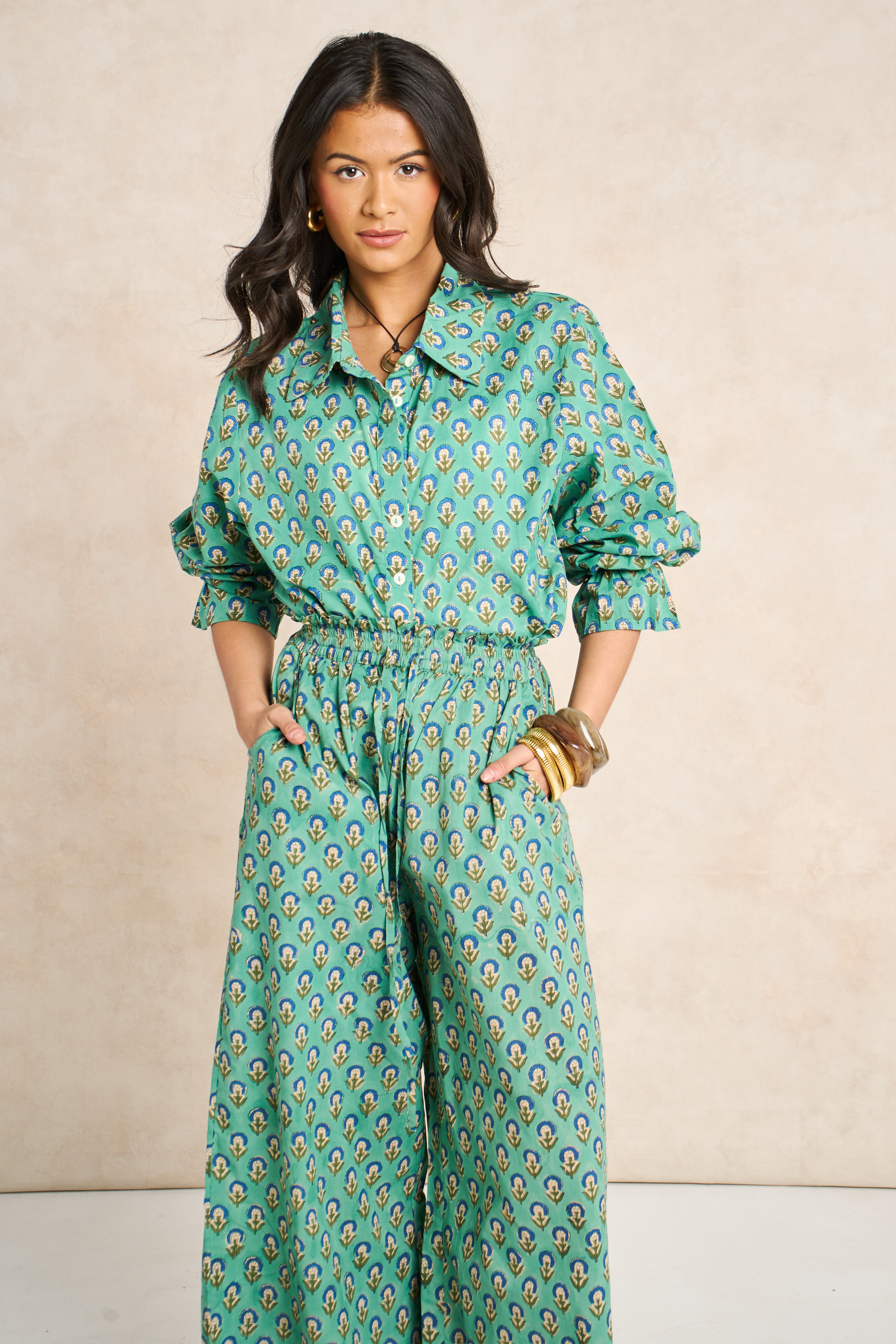Sage Green & Navy Block Print Matching Set