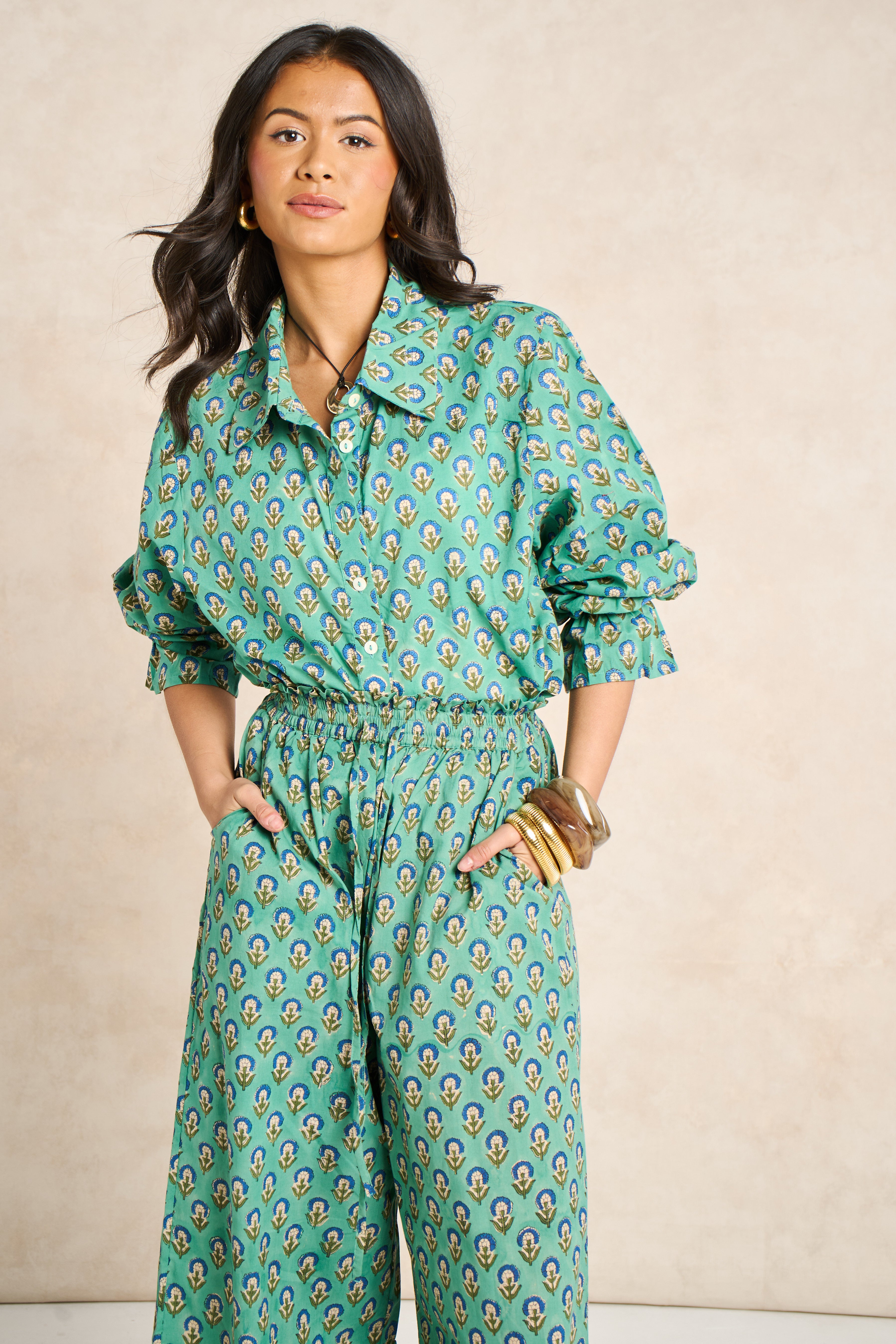 Sage Green & Navy Block Print Matching Set